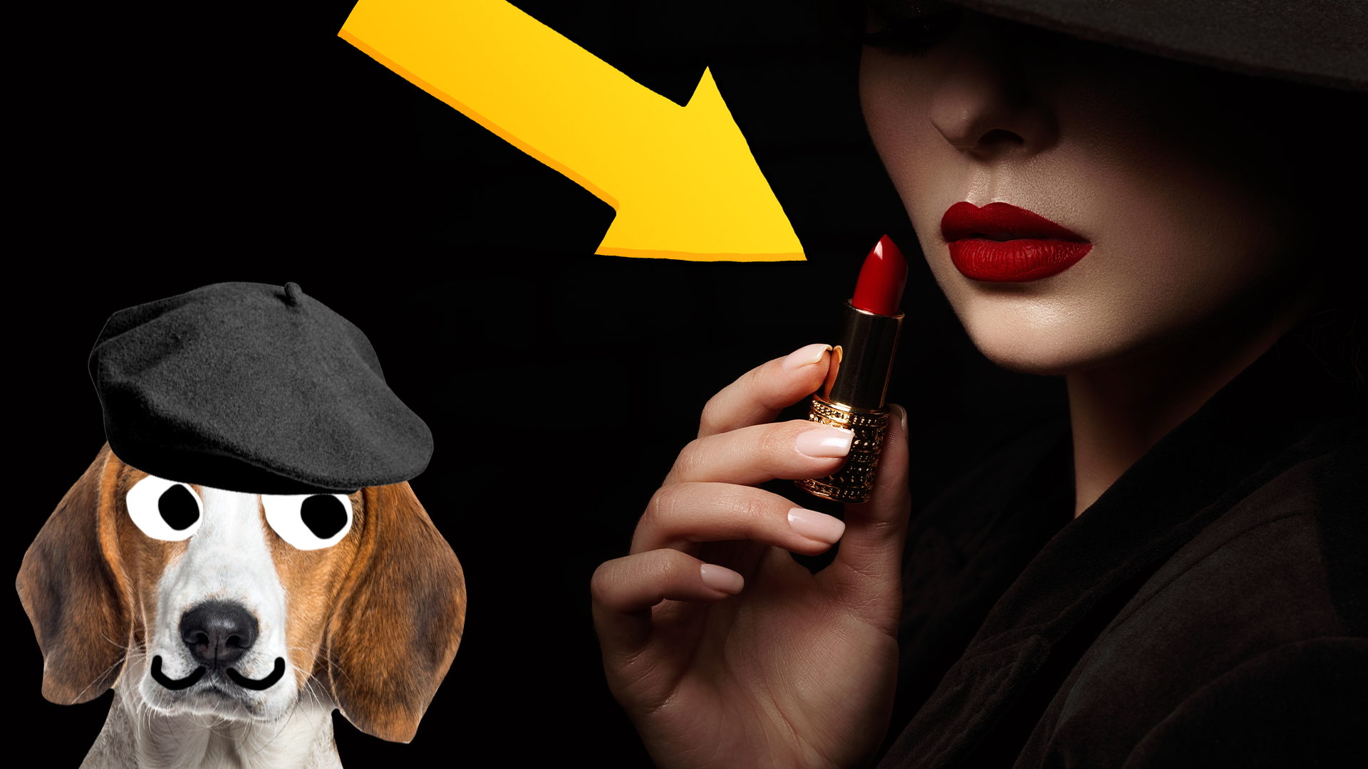 Mysterious woman and mysterious dog and a lipstick
