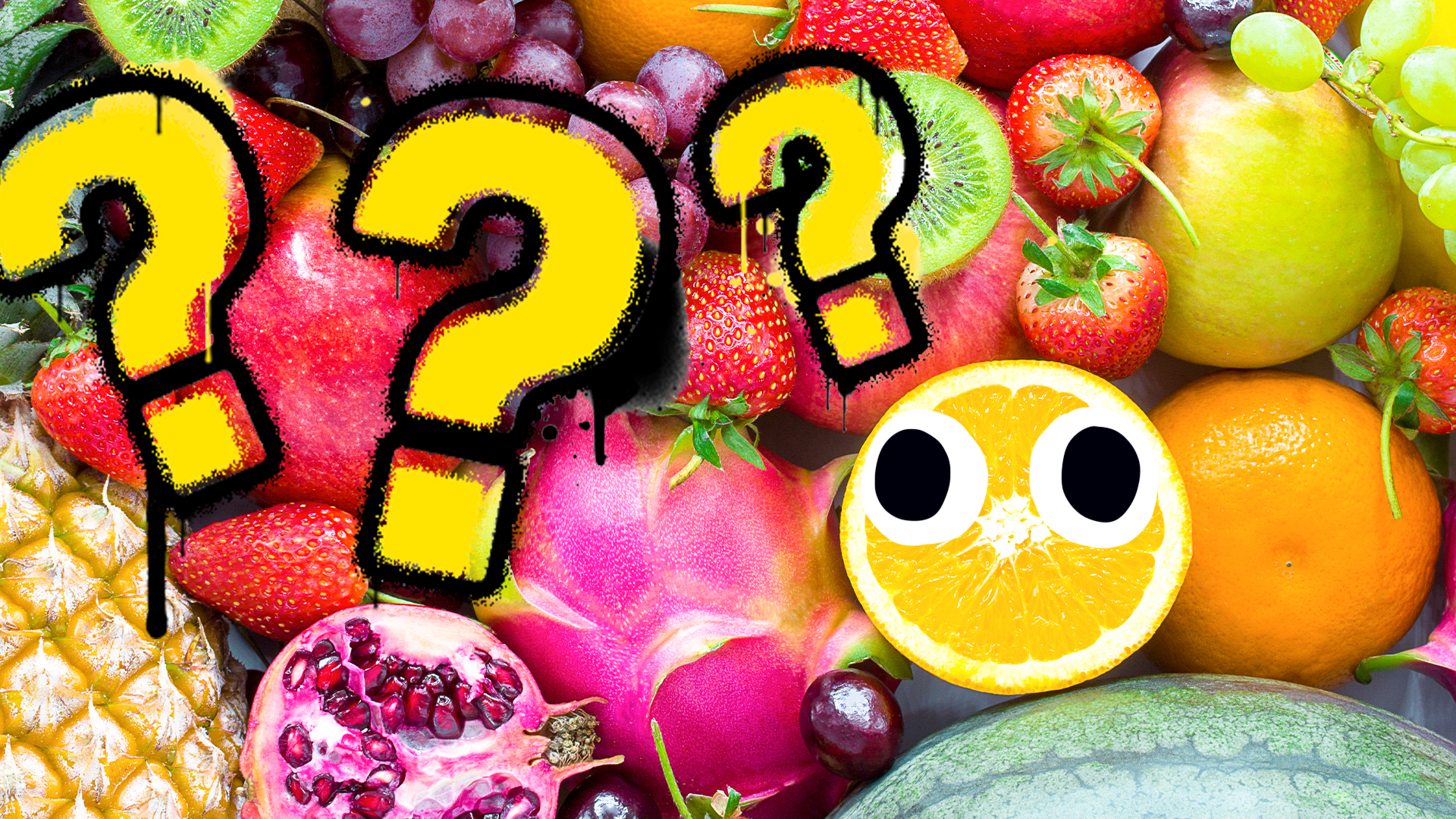 Fruit background with eyes and question marks