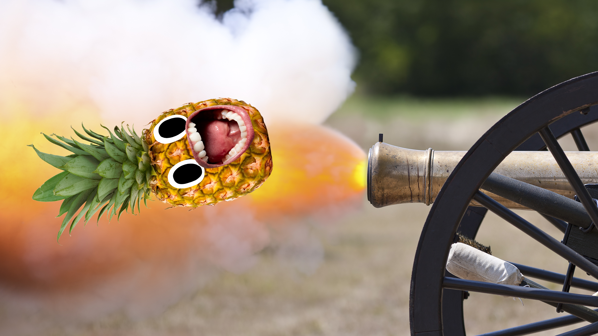 Screaming Beano pineapple being shot out of a cannon