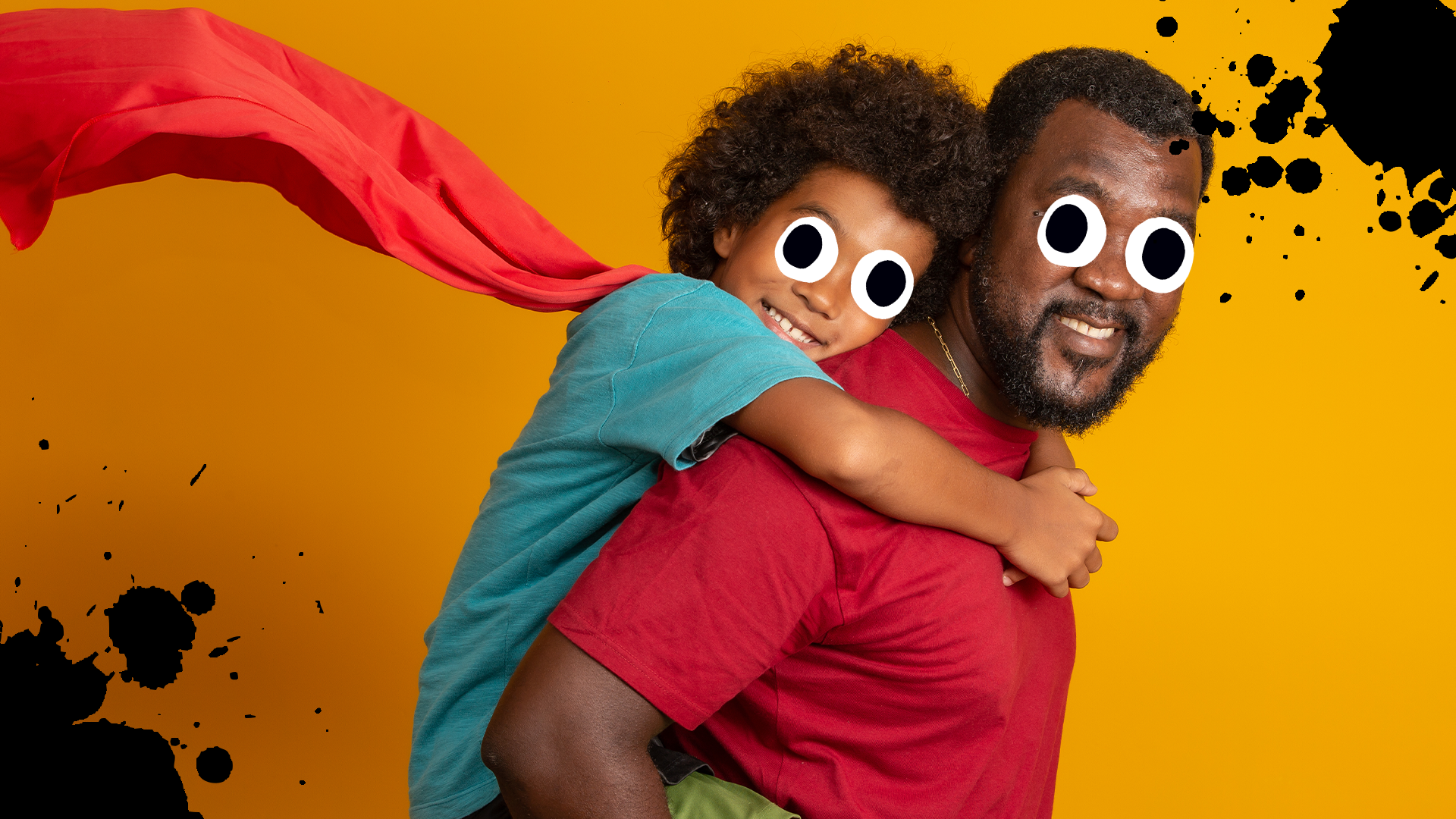 Superhero dad and son with black splats