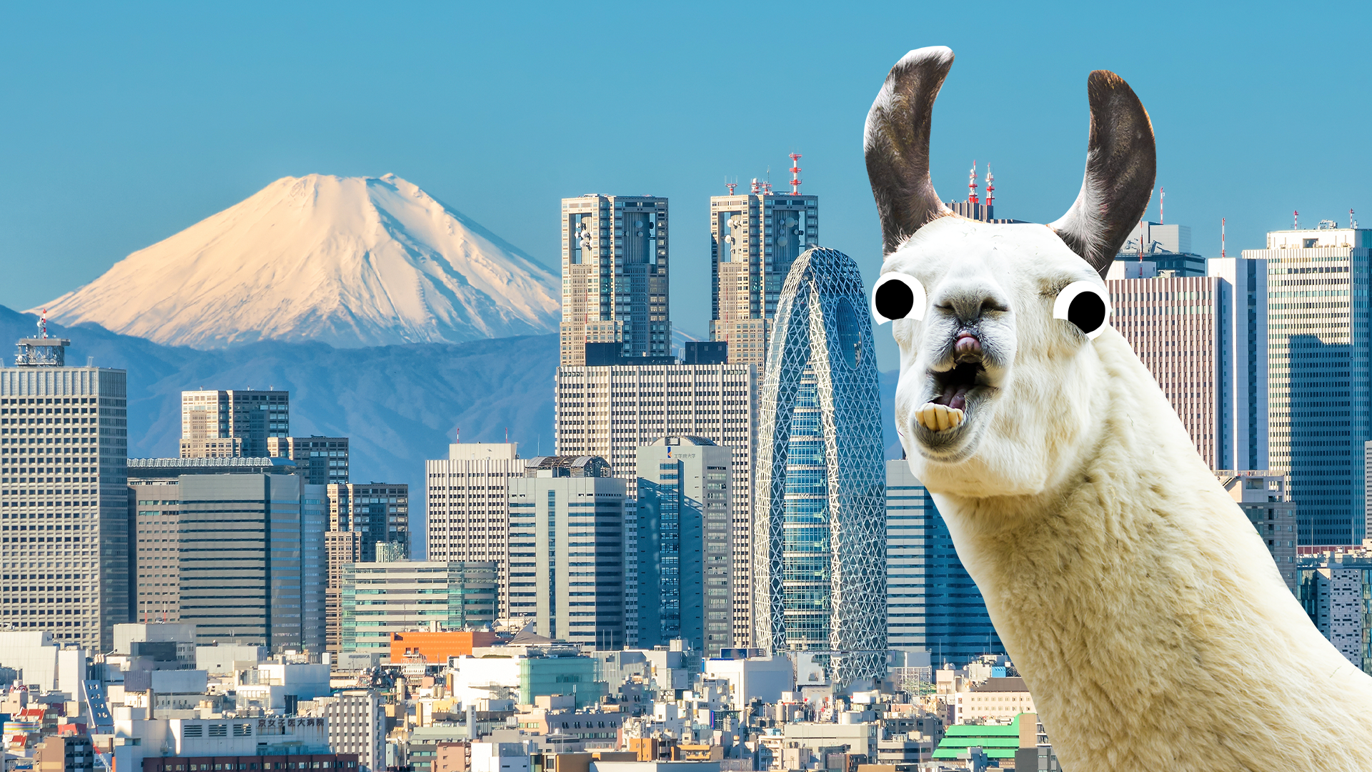 Tokyo cityscape with derpy llama