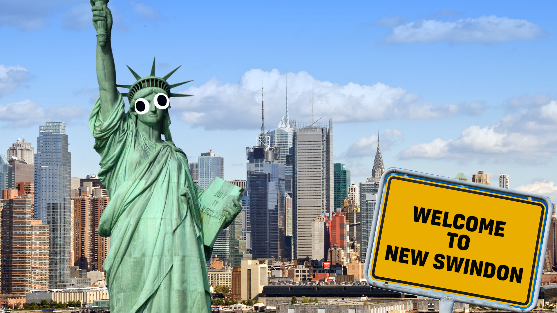 NY city with a sign that says 'Welcome to New Swindon'