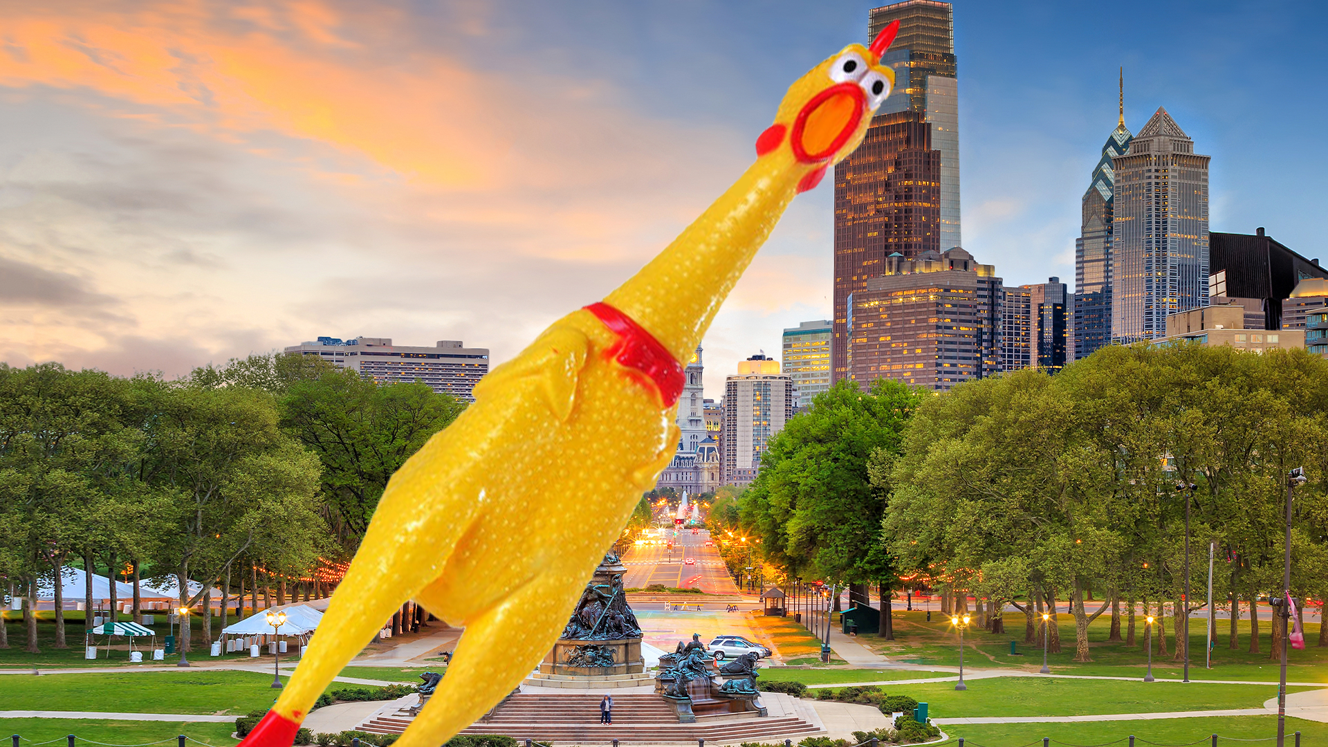 City scape with rubber chicken