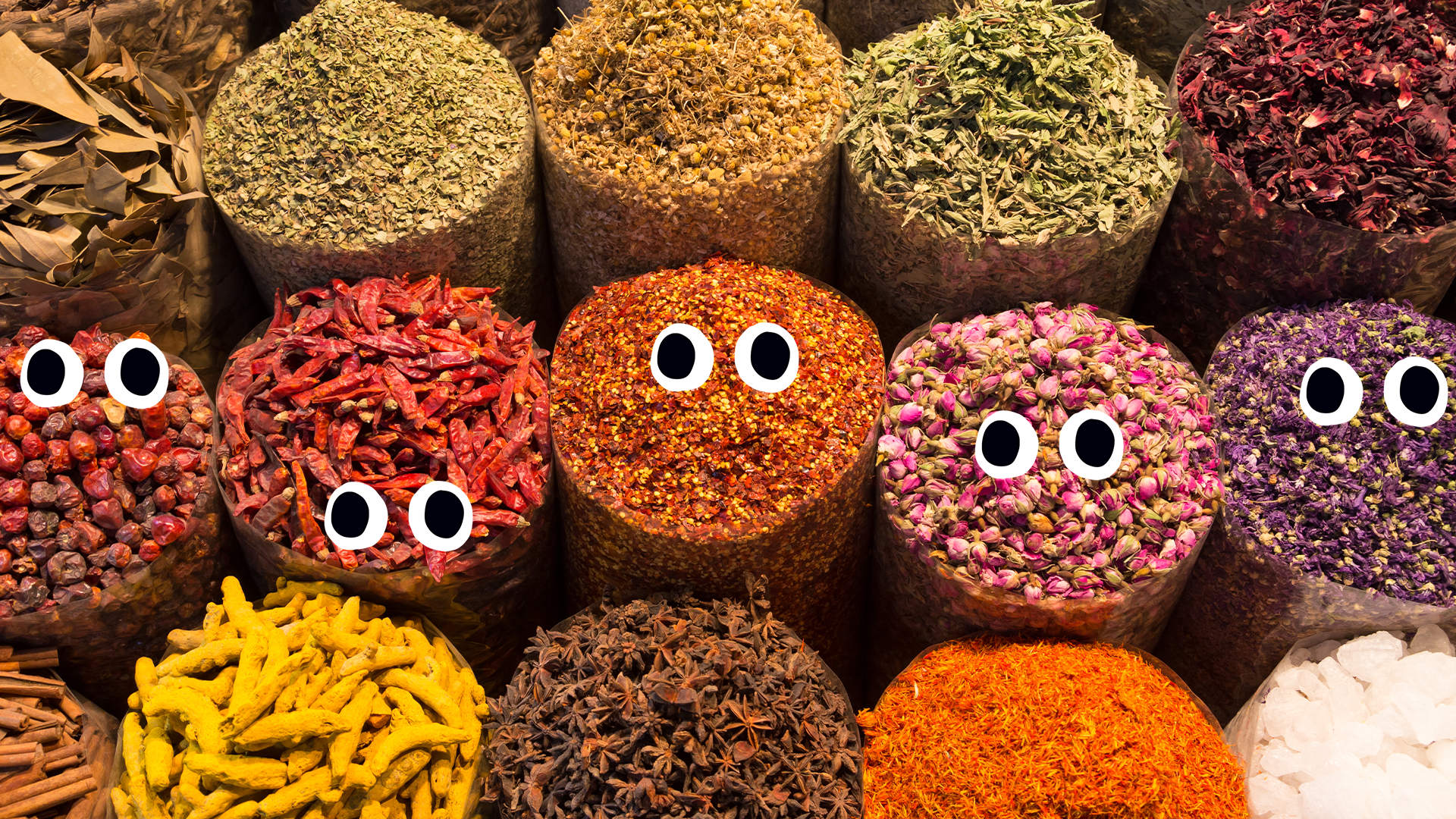 Piles of spices with eyes
