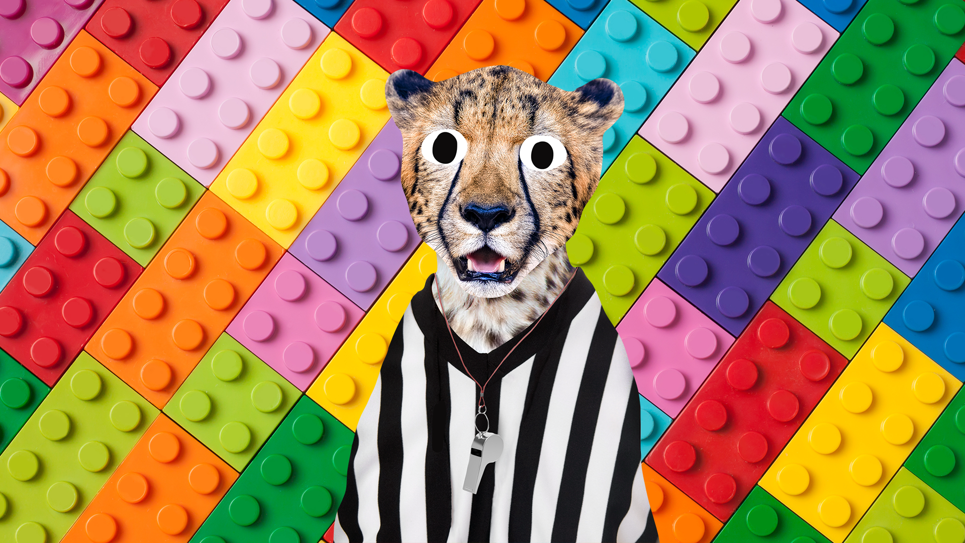 Beano cheetah on rainbow brick background