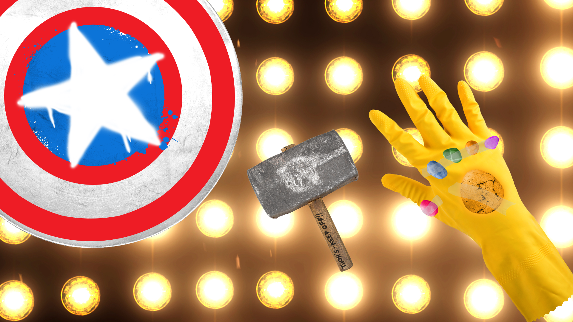 Beano superhero shield, glove and hammer