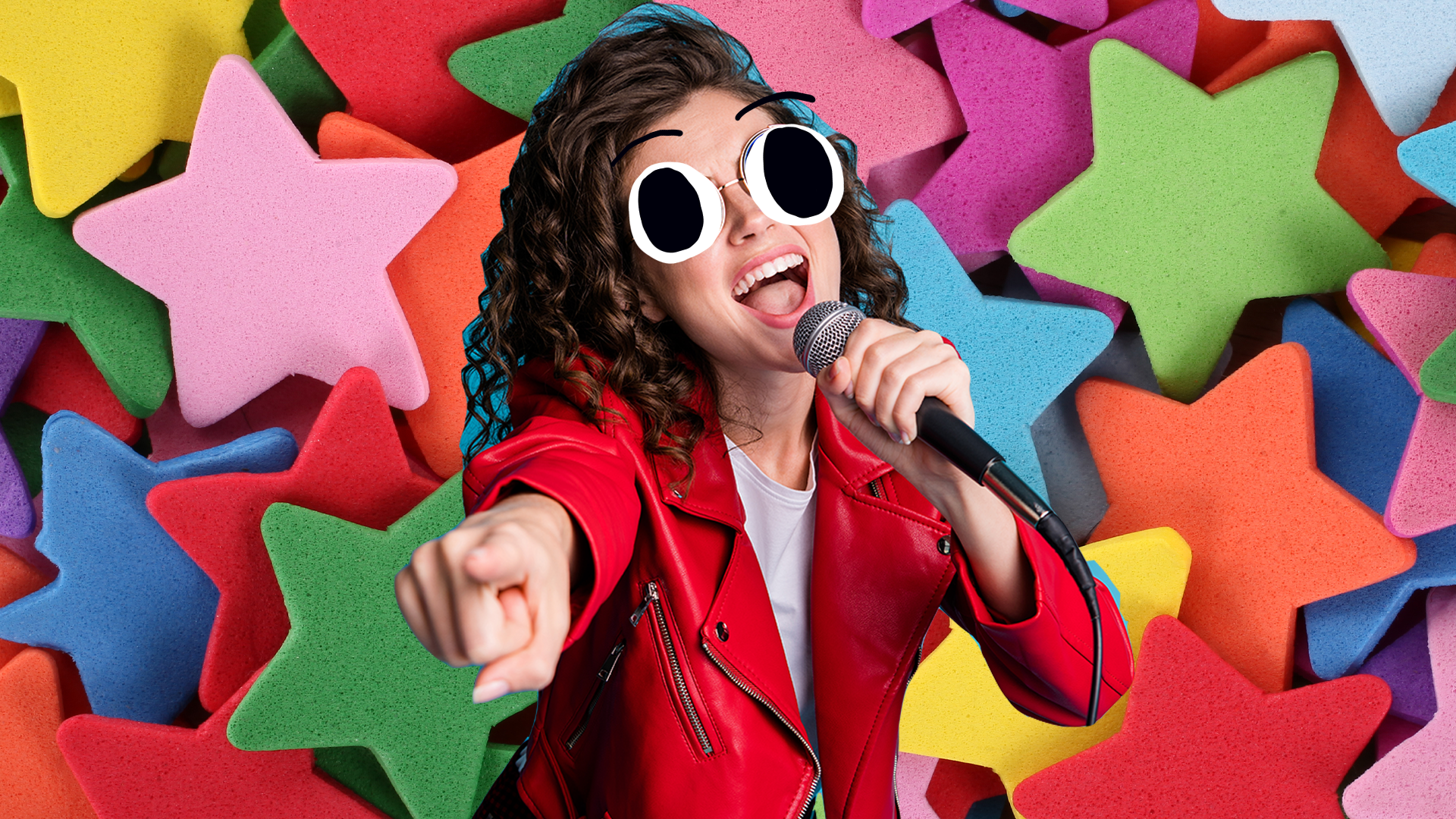 Woman singing on colourful star background