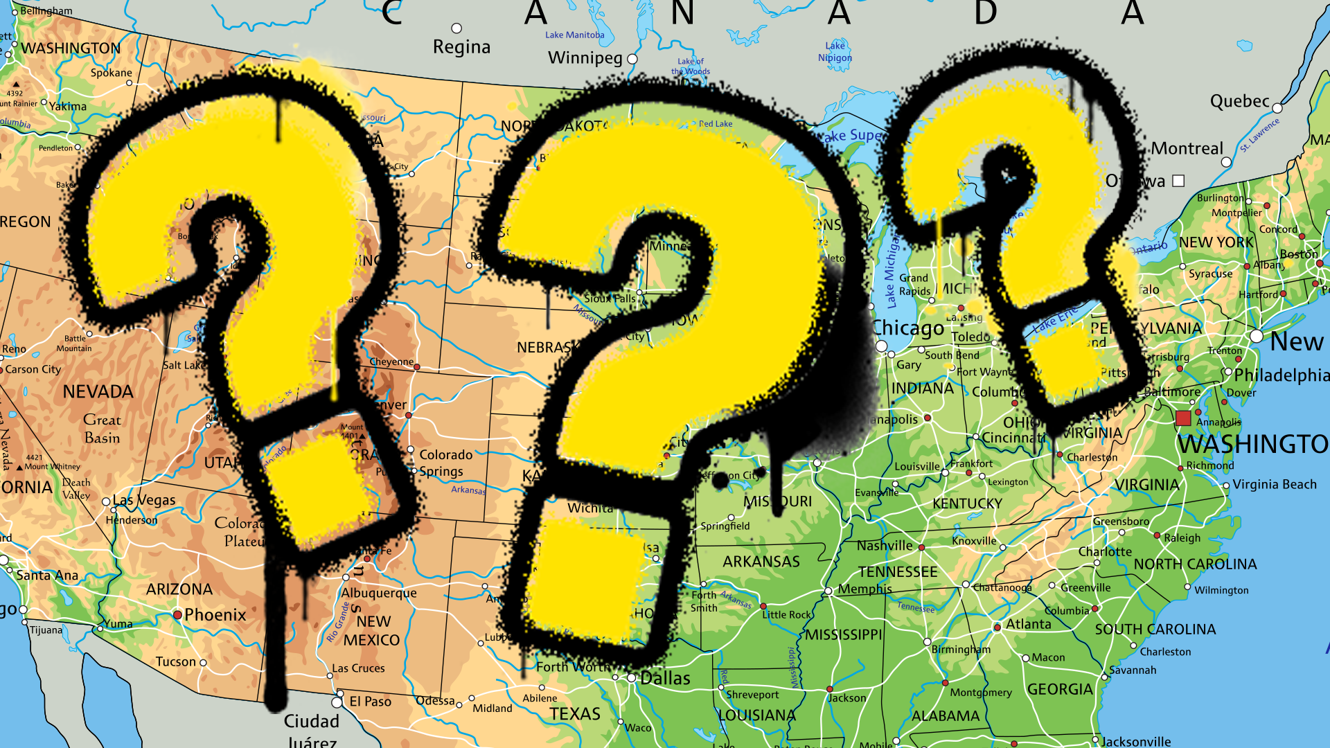 Map of USA with question marks