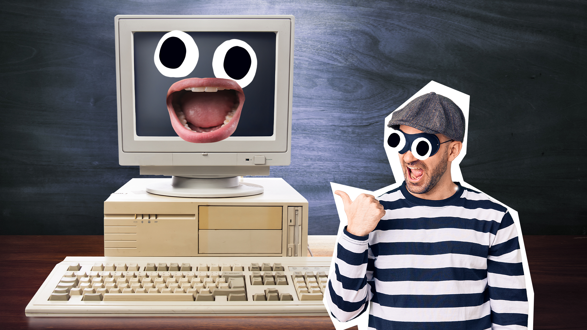 Sneaky looking burglar and old computer with shocked face