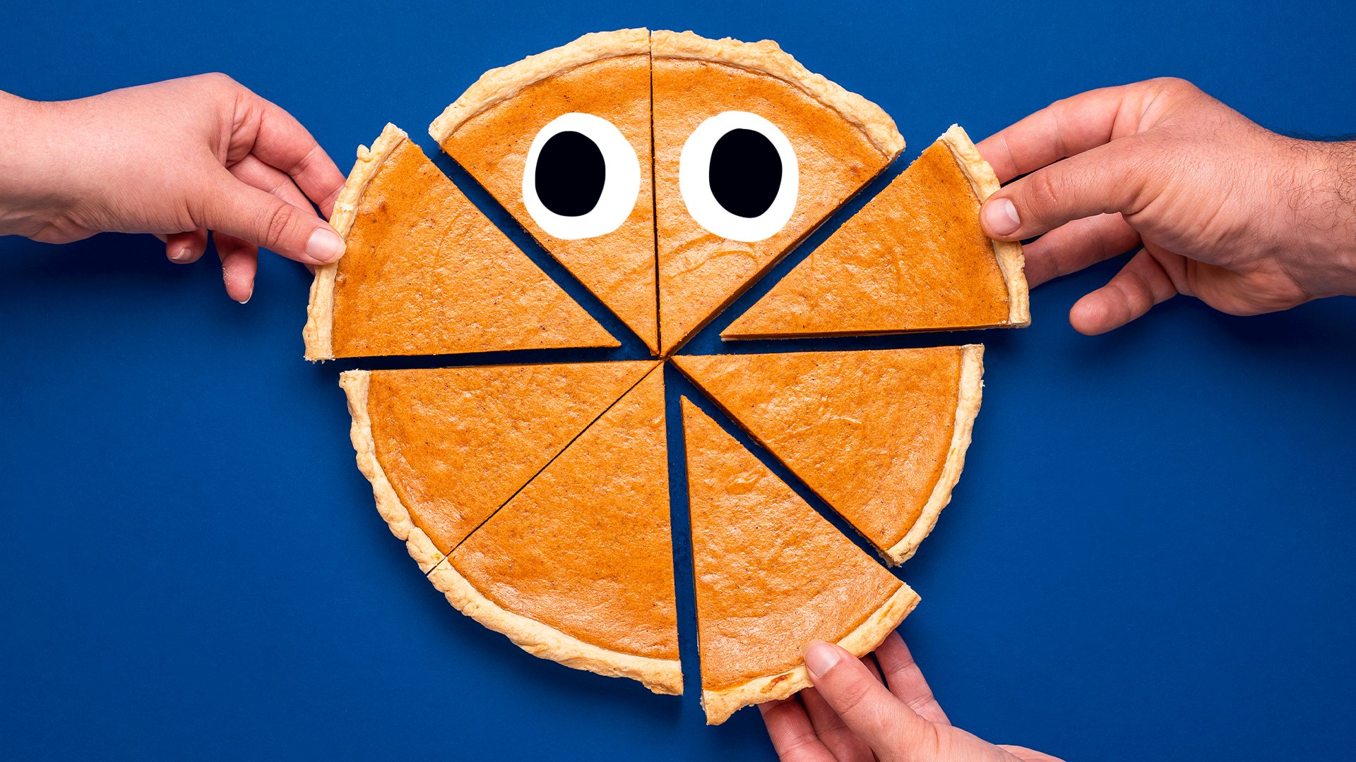 People taking pieces of pie with eyes