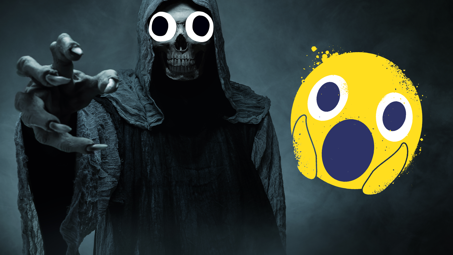 A creepy grim reaper and a shocked emoji