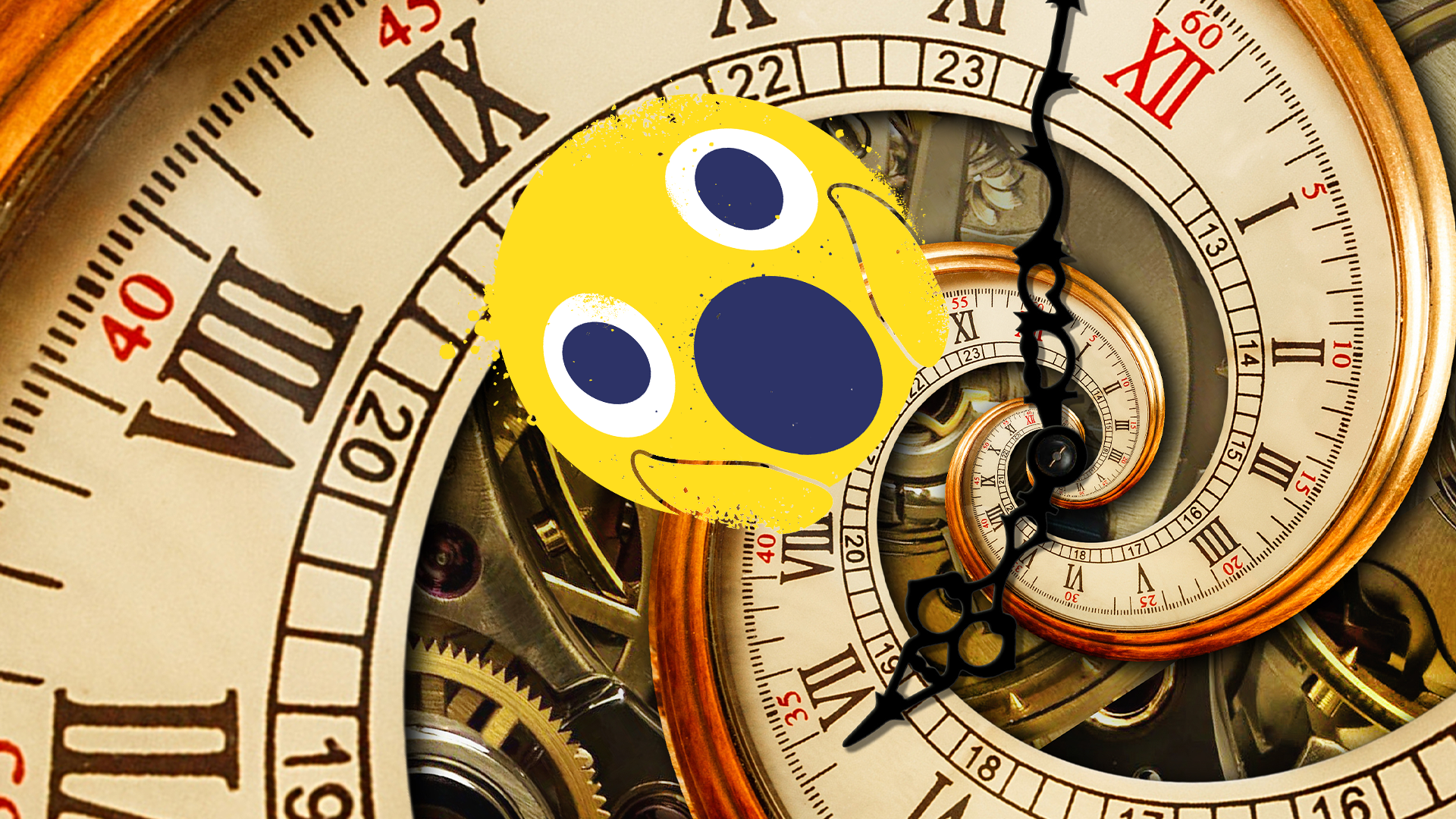 Spiralling clocks with shocked emoji