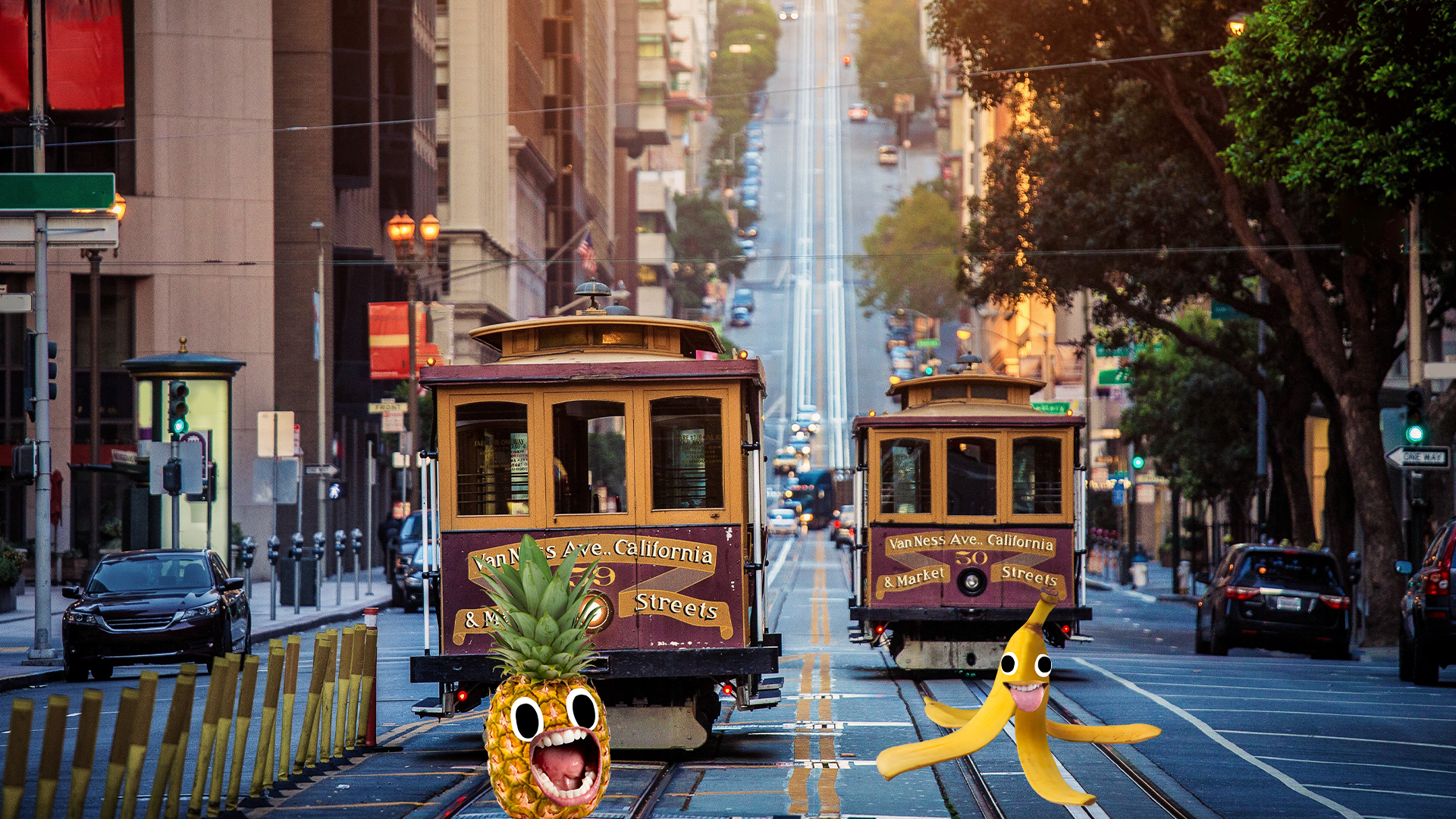 A pineapple and a banana skin scared of some trolley carts