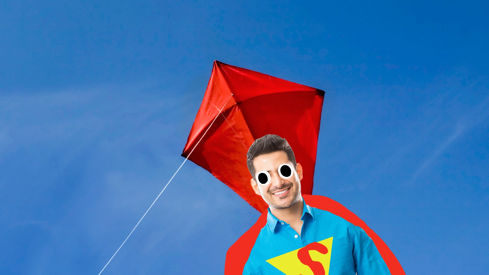 A goofy superhero with a kite