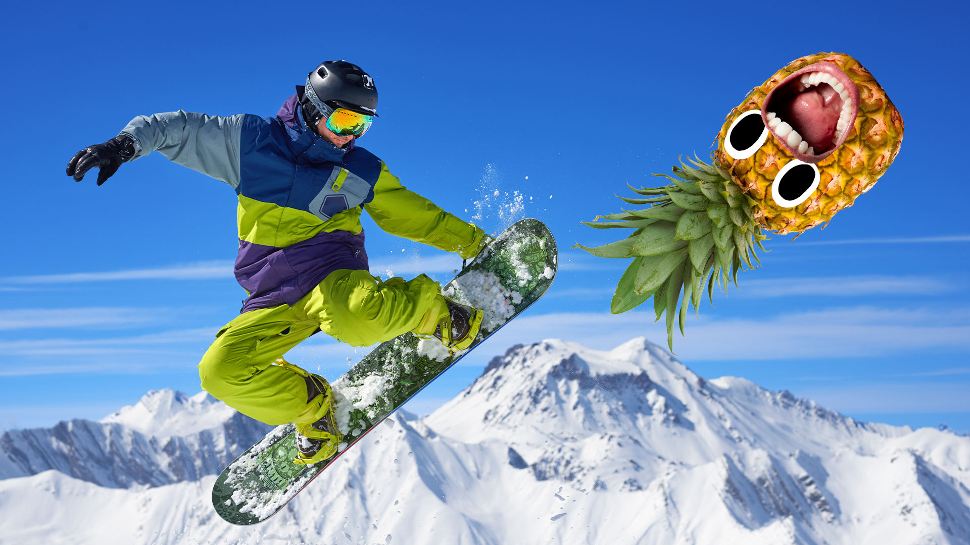 A snowboarder and a screaming pineapple