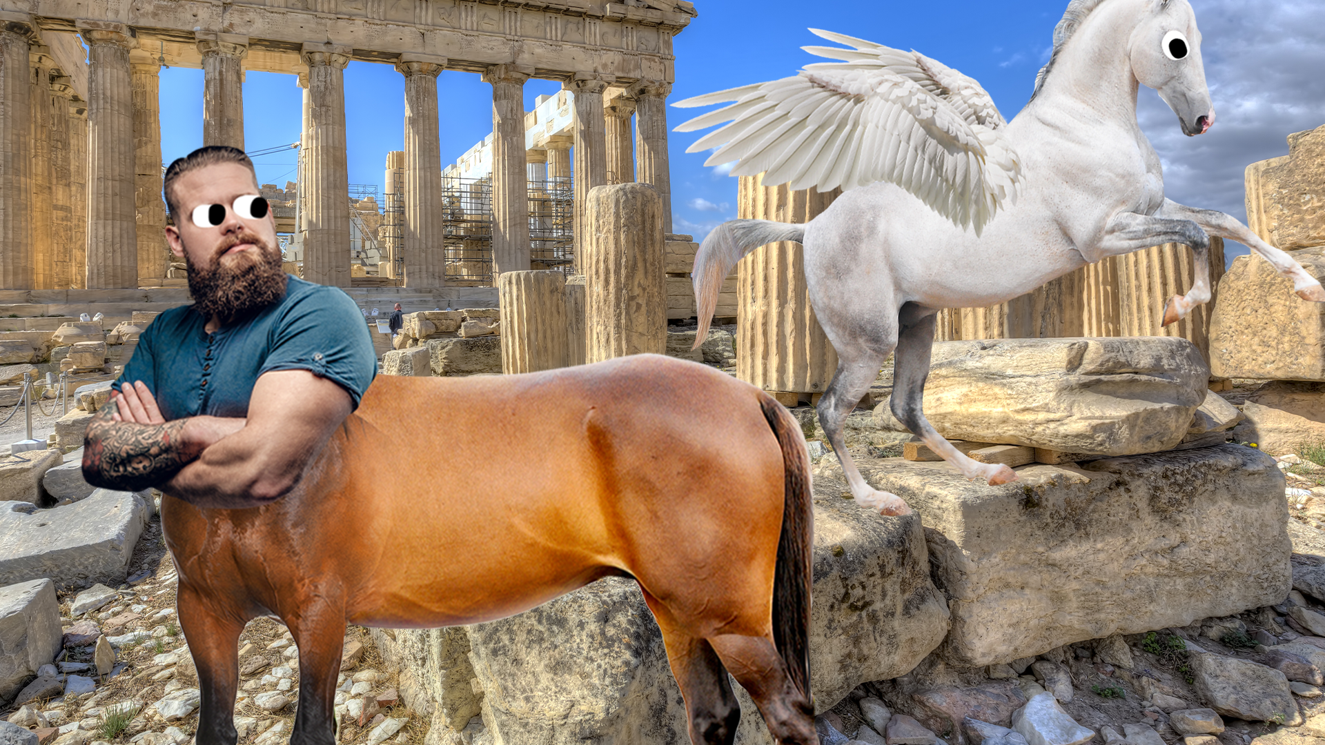 Centaur looking at Pegasus in some ruins