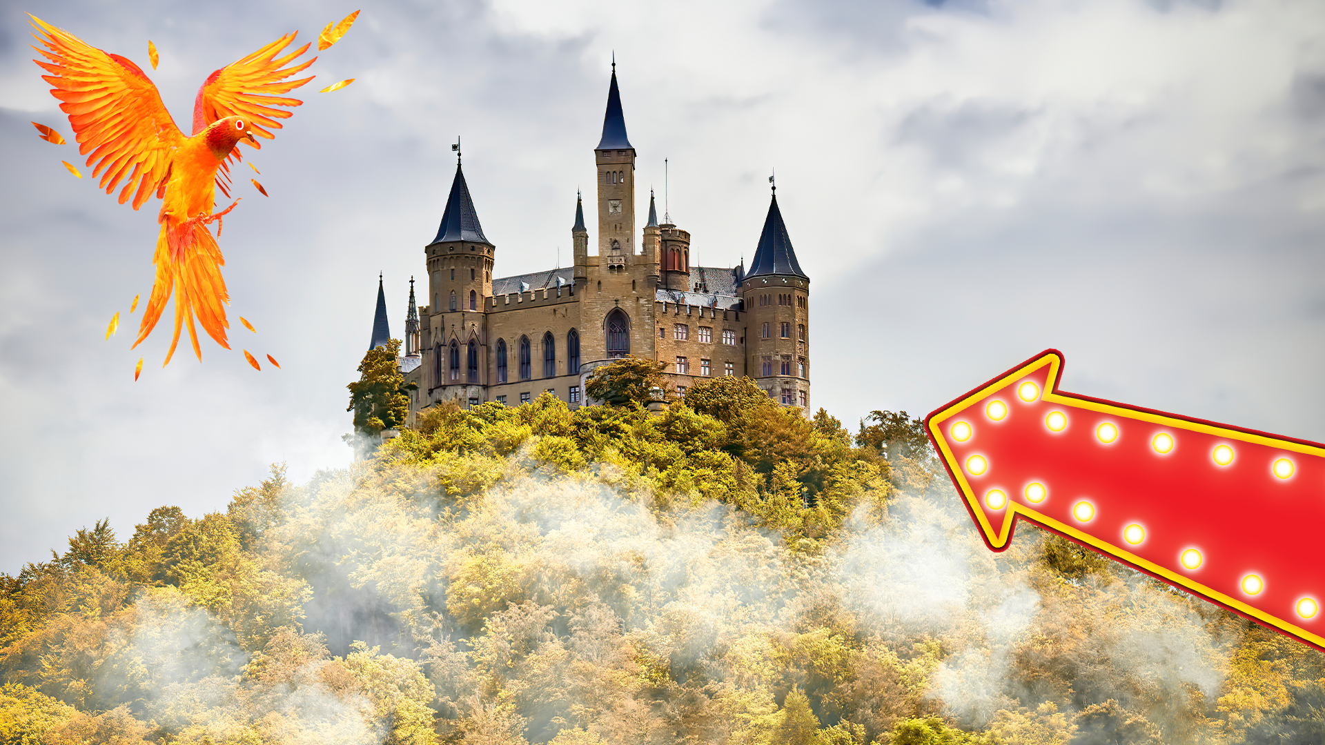 Magical looking castle with phoenix and arrow