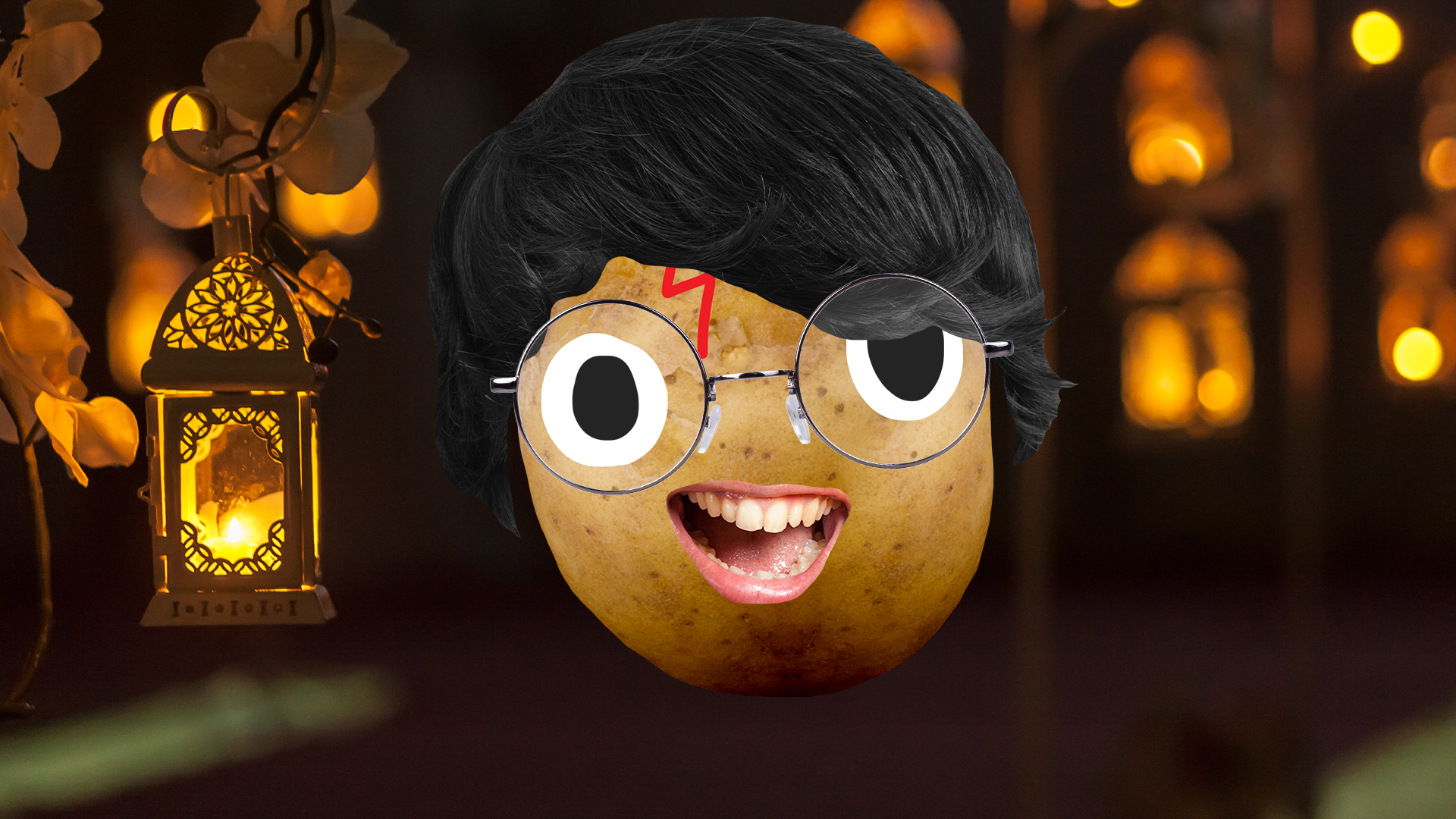 Potato Harry surrounded by wedding lanterns