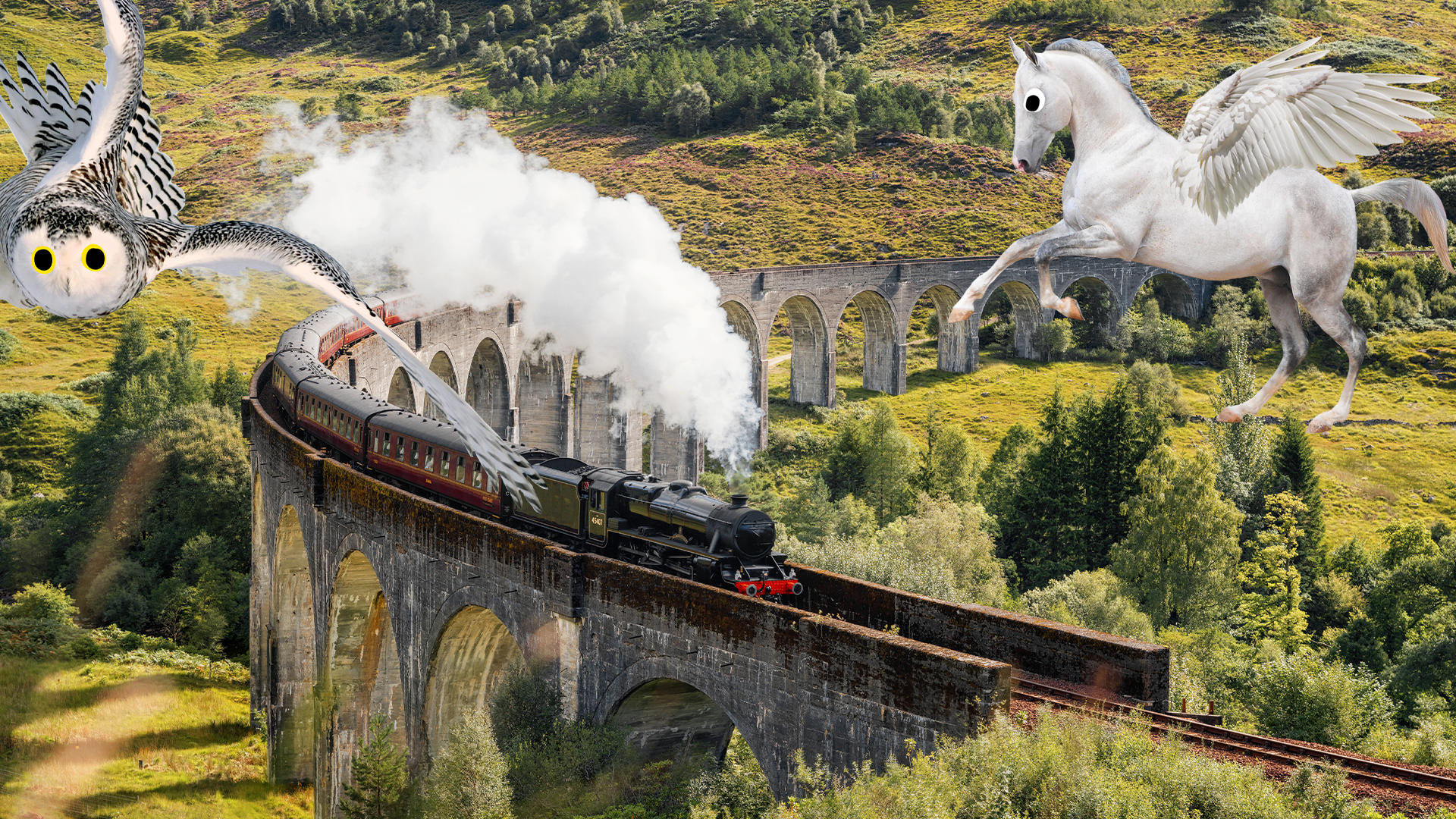 Steam train on viaduct with owl and pegasus