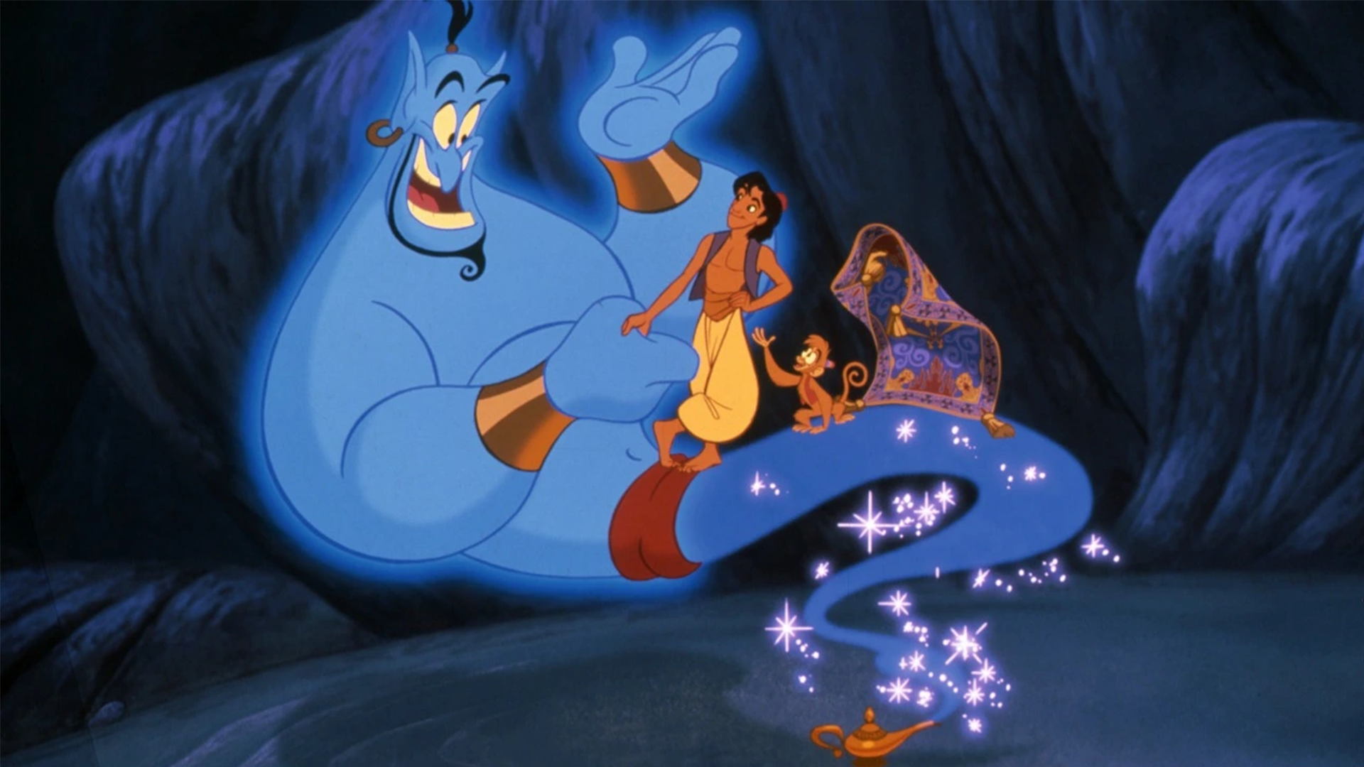 A still from Aladdin (1992) with Aladdin, Abu, Carpet, and the Genie