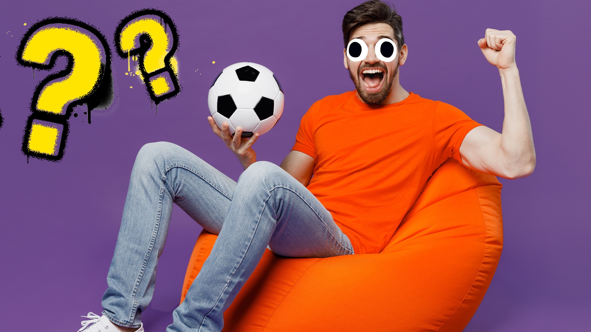 A man on a beanbag with a football and some question marks