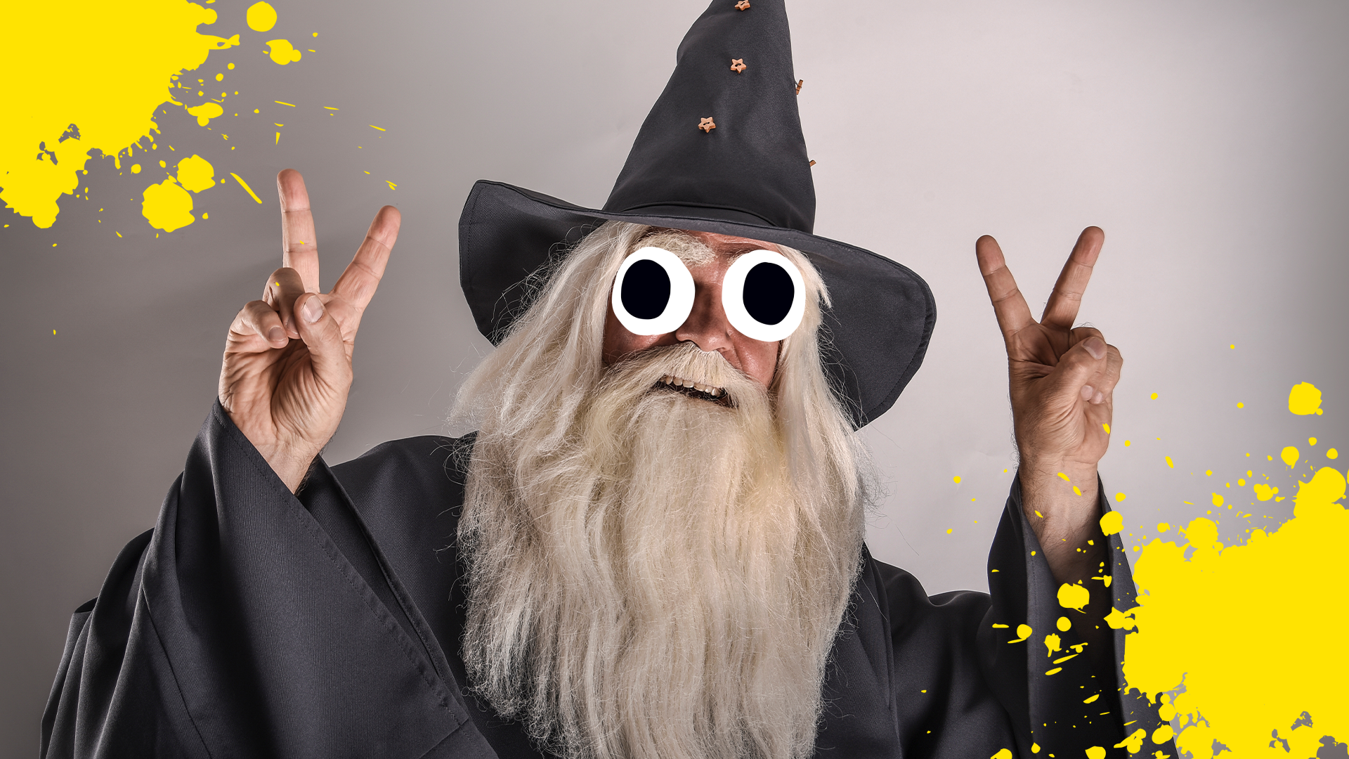 Cool wizard doing peace signs and splats