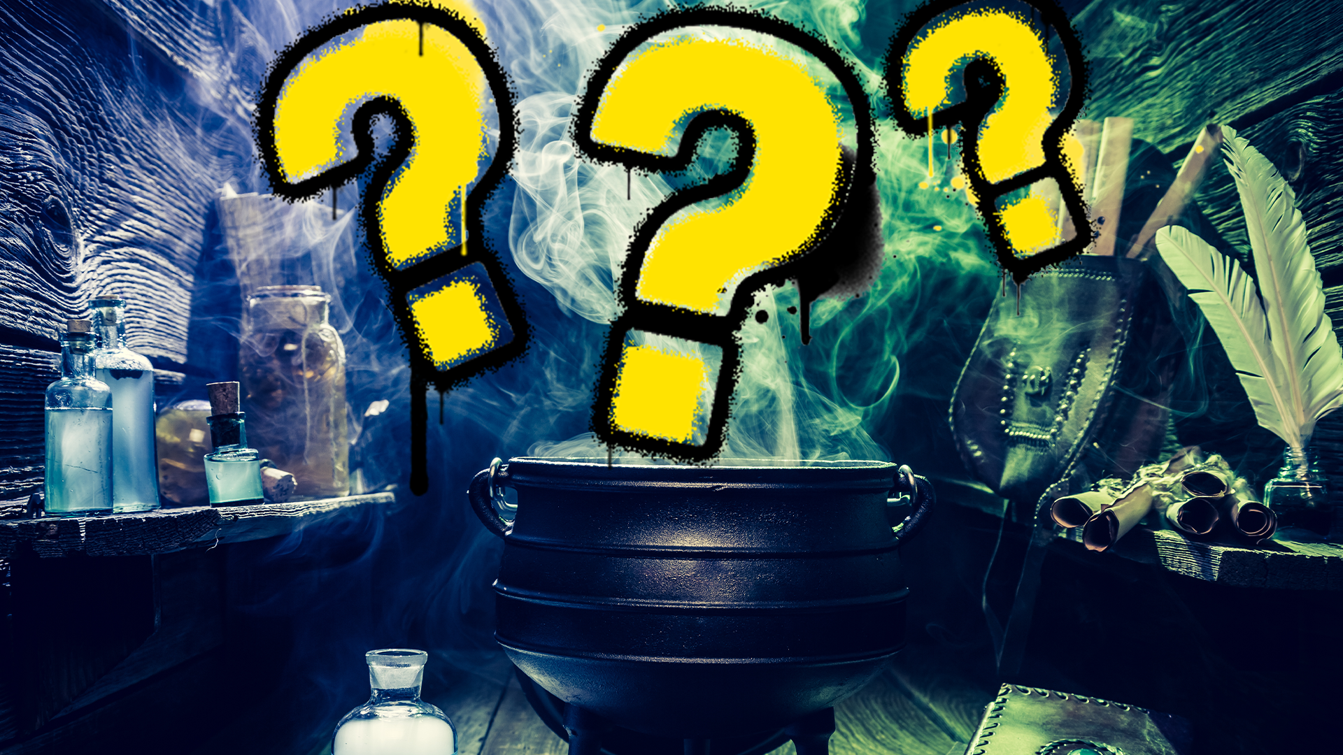 A room full of potions and a cauldron and a question mark