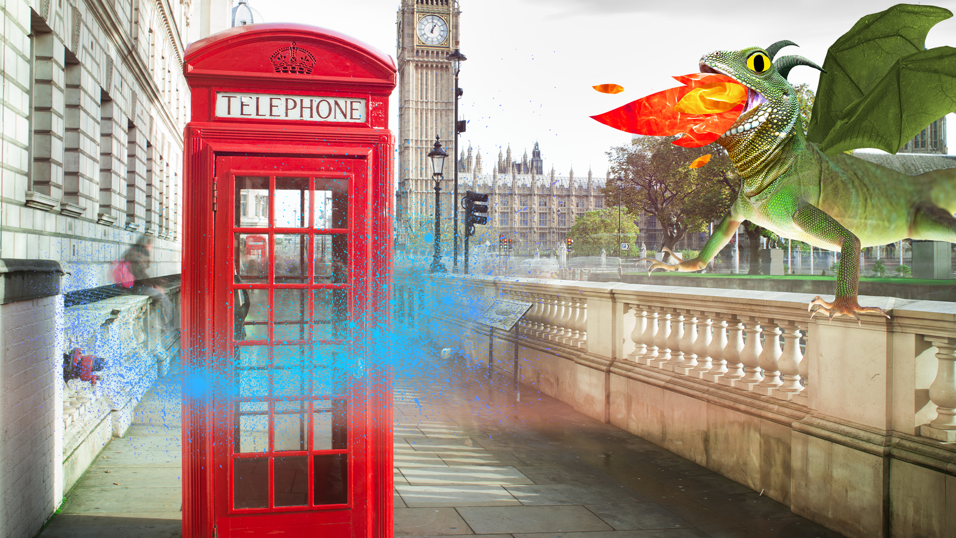 London telephone box with dragon and magic dust