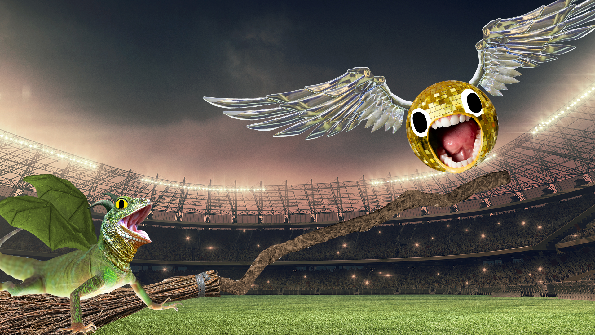 Dragon and screaming snitch in stadium