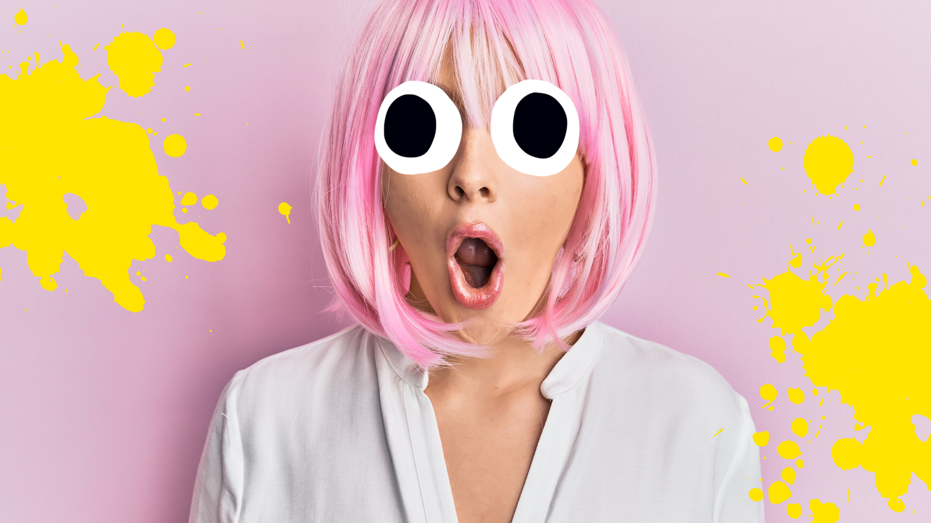 A woman with pink hair looking shocked and splats