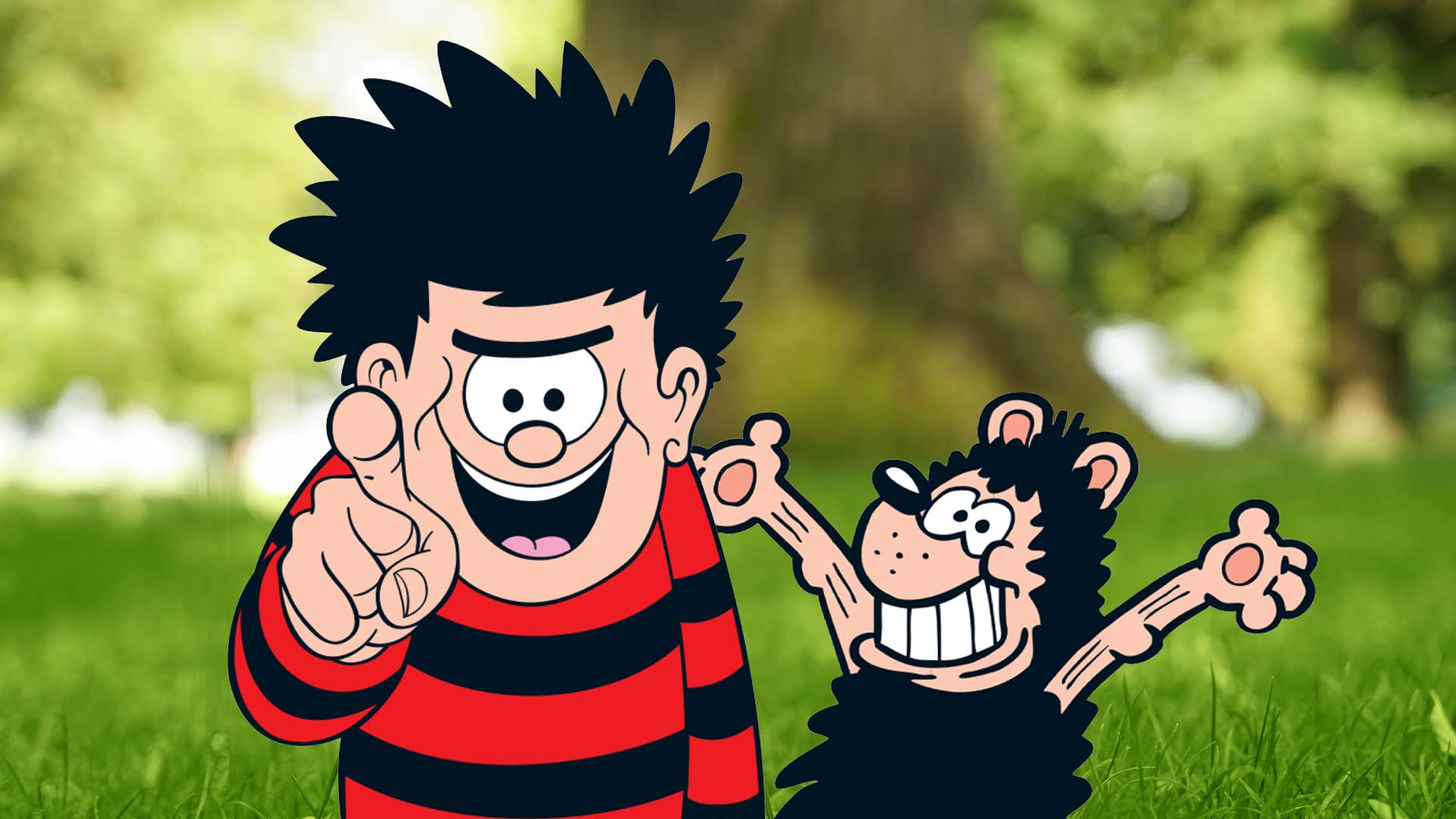 Dennis and Gnasher in a grassy area surrounded by trees