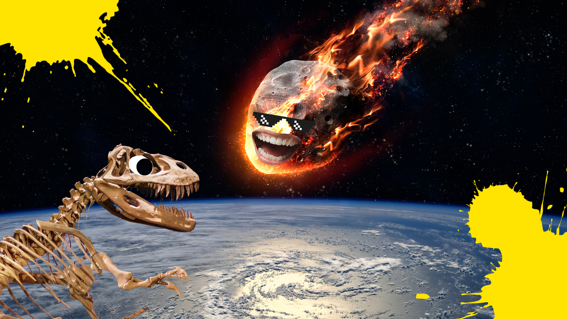An asteroid hurtles toward a dinosaur