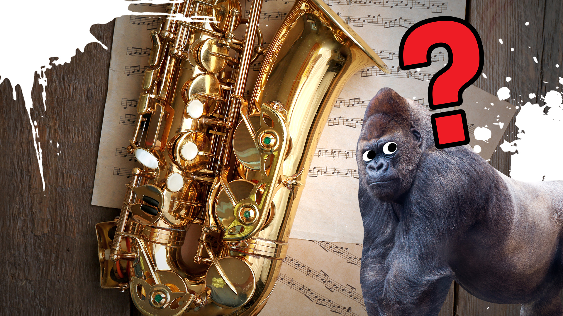 A gorilla and a saxophone and a selection of sheet music