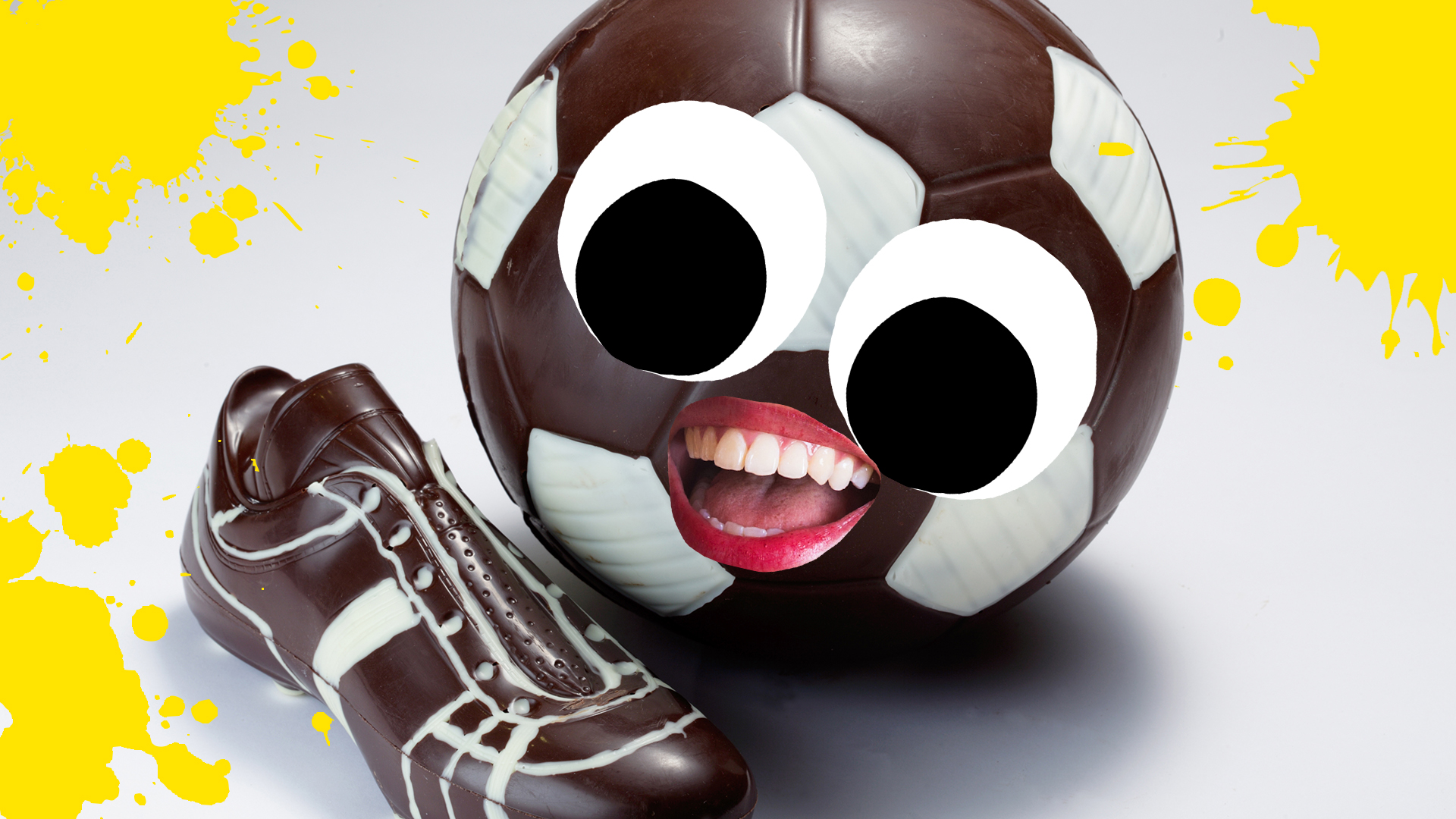A chocolate football, looking at a chocolate boot