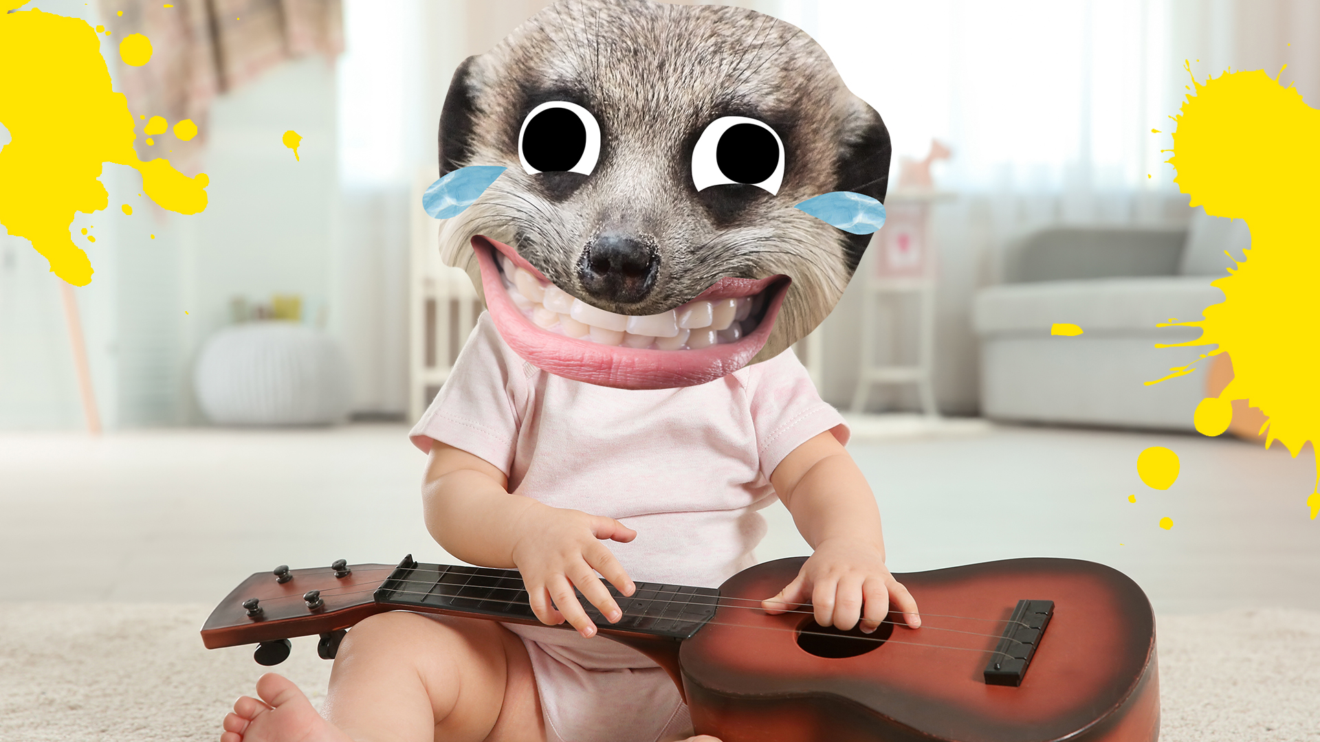 A baby with a meerkat's head holds a guitar