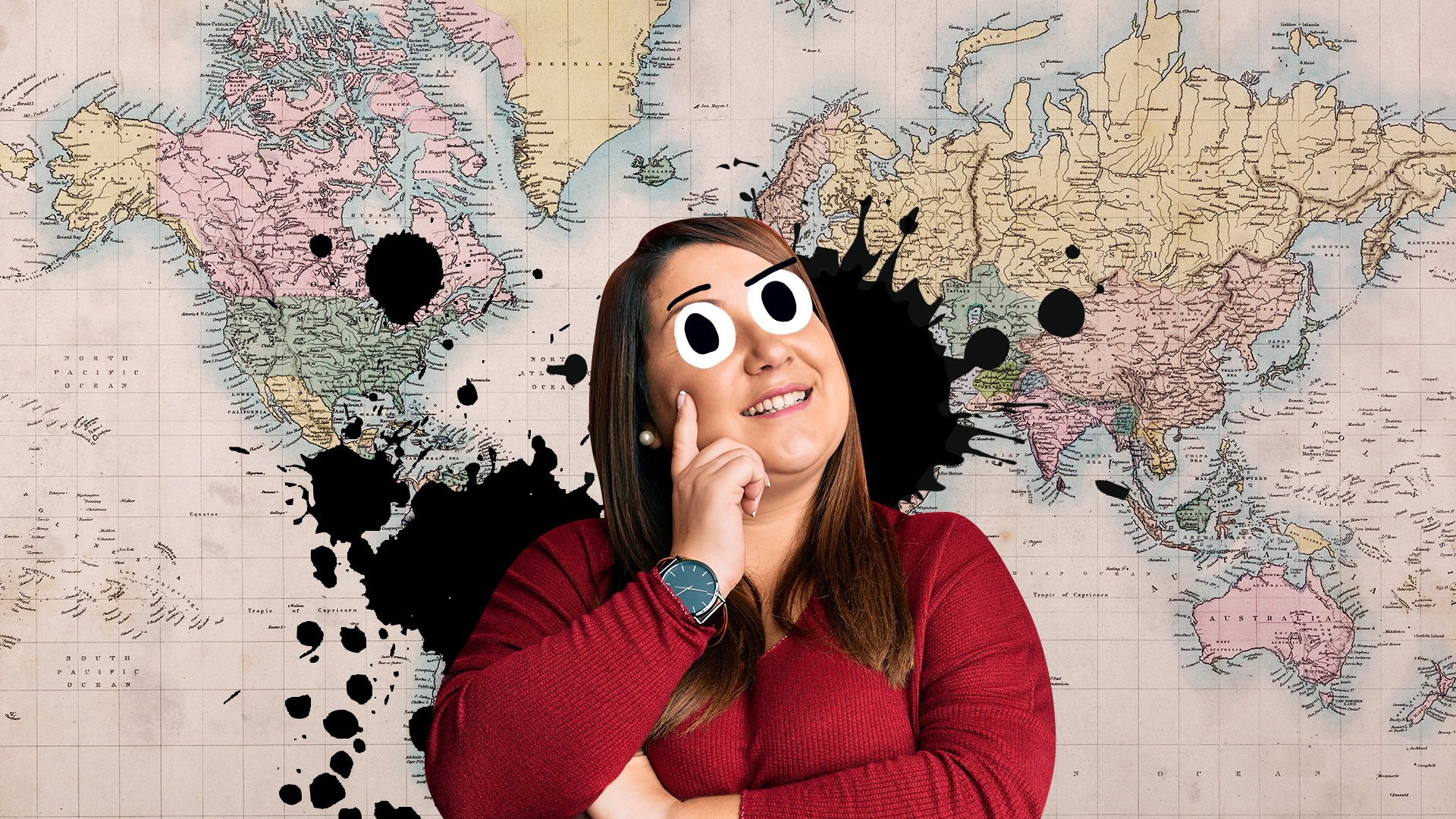 A woman studying a world map