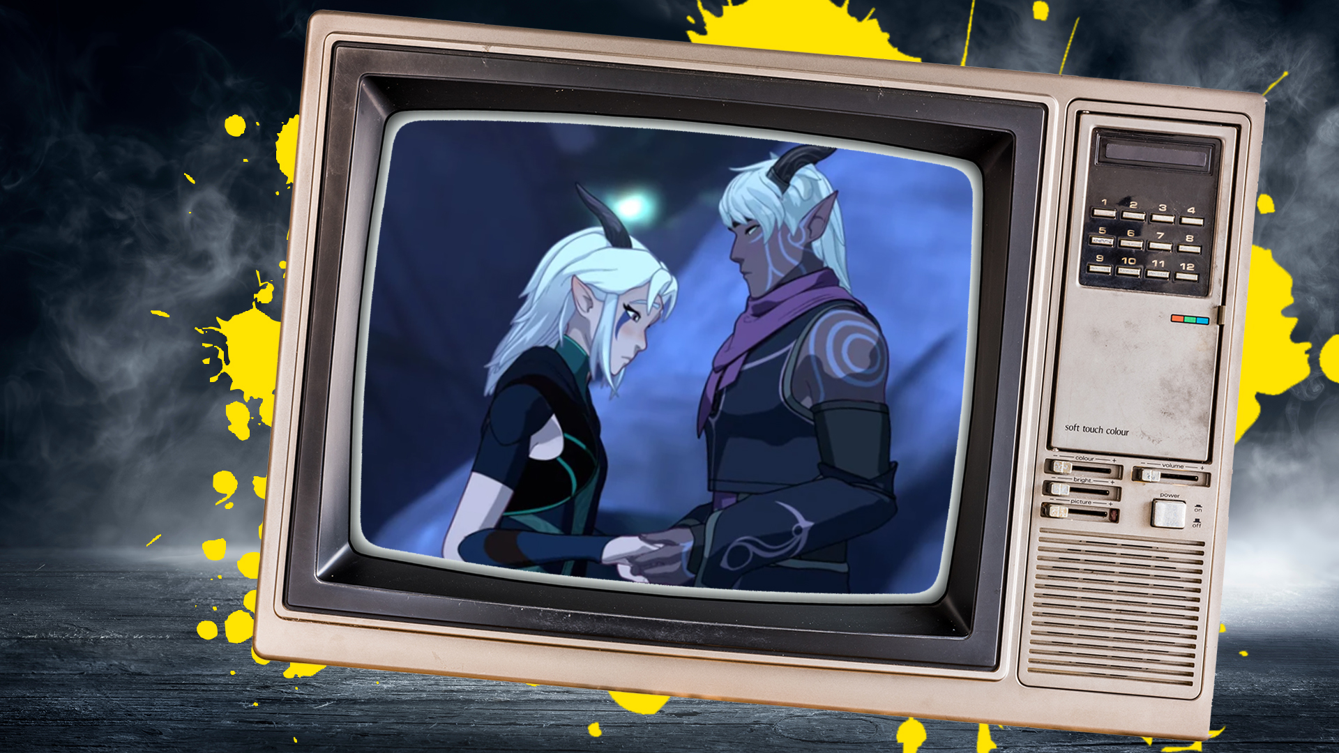 Moonshadow Elves from Dragon Prince shown on an old TV set