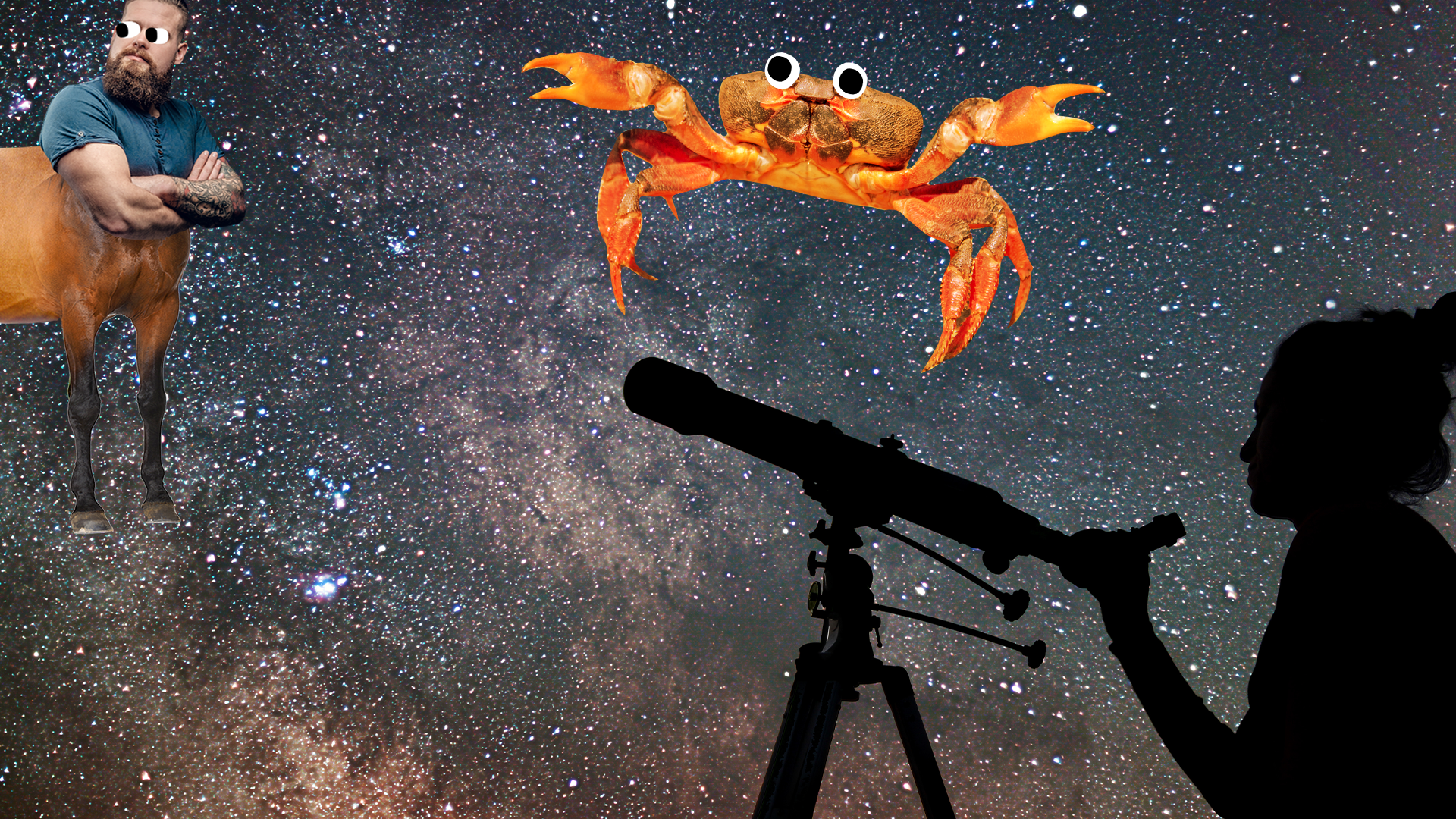 Telescope, night sky and centaur and crab