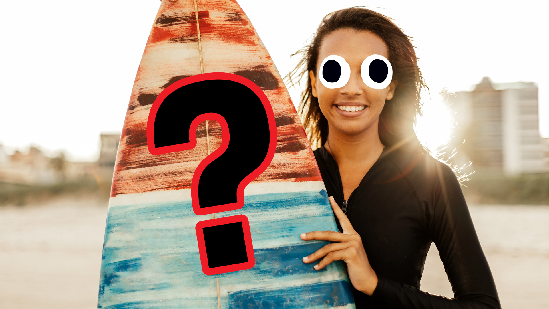 Woman with surfboard and question mark