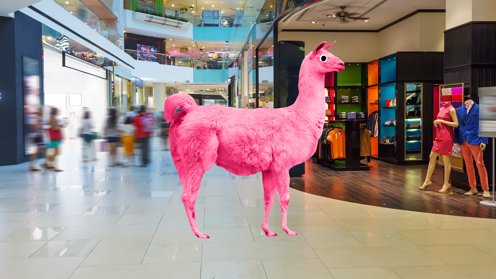 Pink llama in a mall