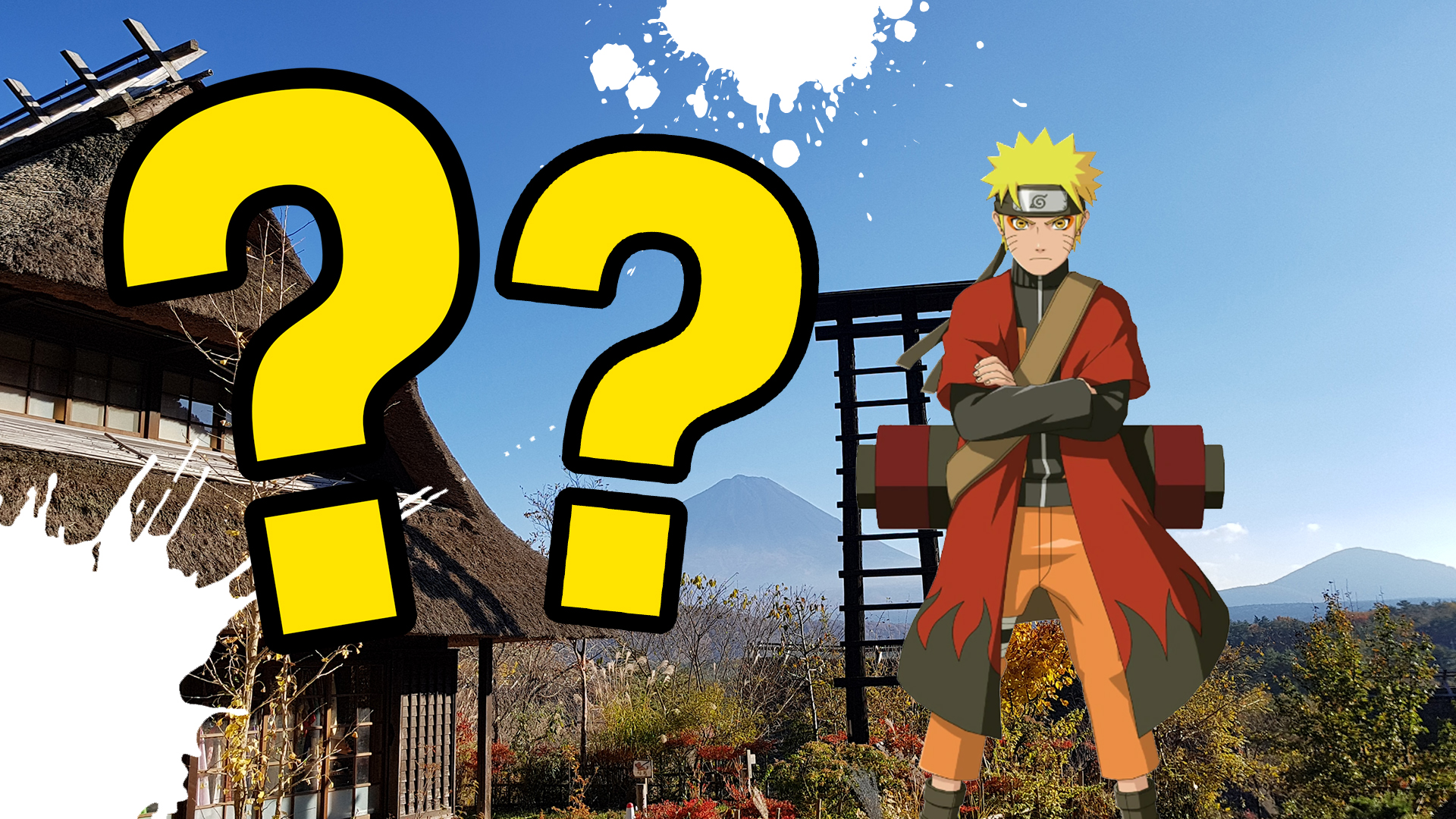 Naruto stands by a thatched house