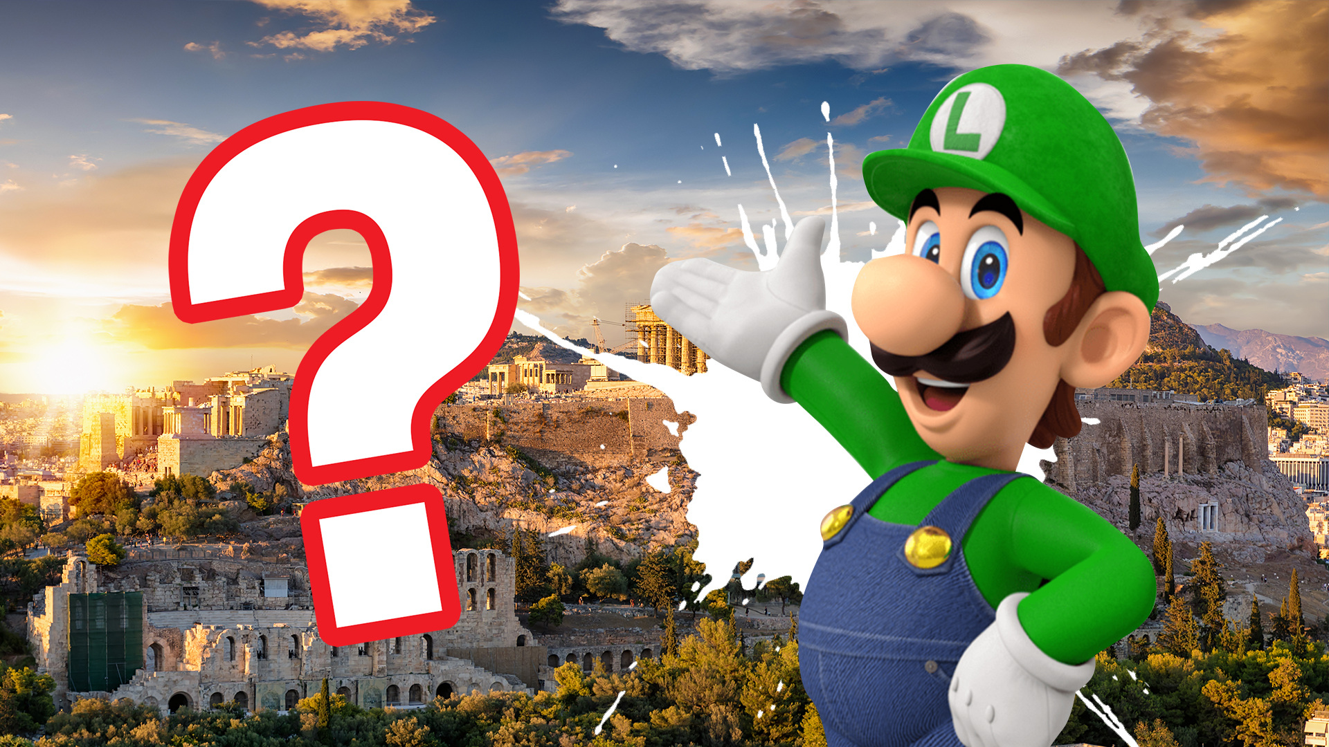 The Luigi character points toward Athens