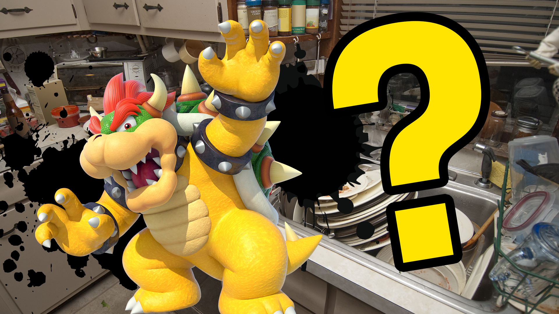 Bowser is in a dirty kitchen