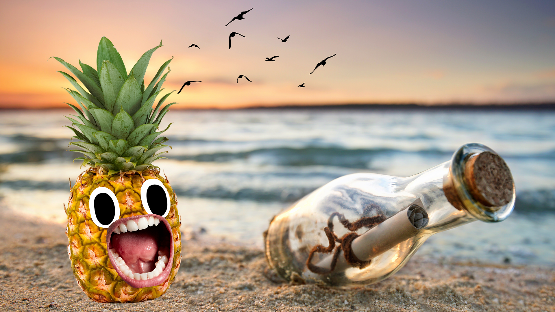 Screaming pineapple and message in bottle on beach