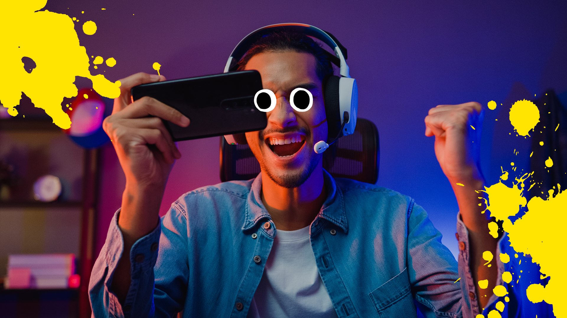 Gaming guy looking happy and splats