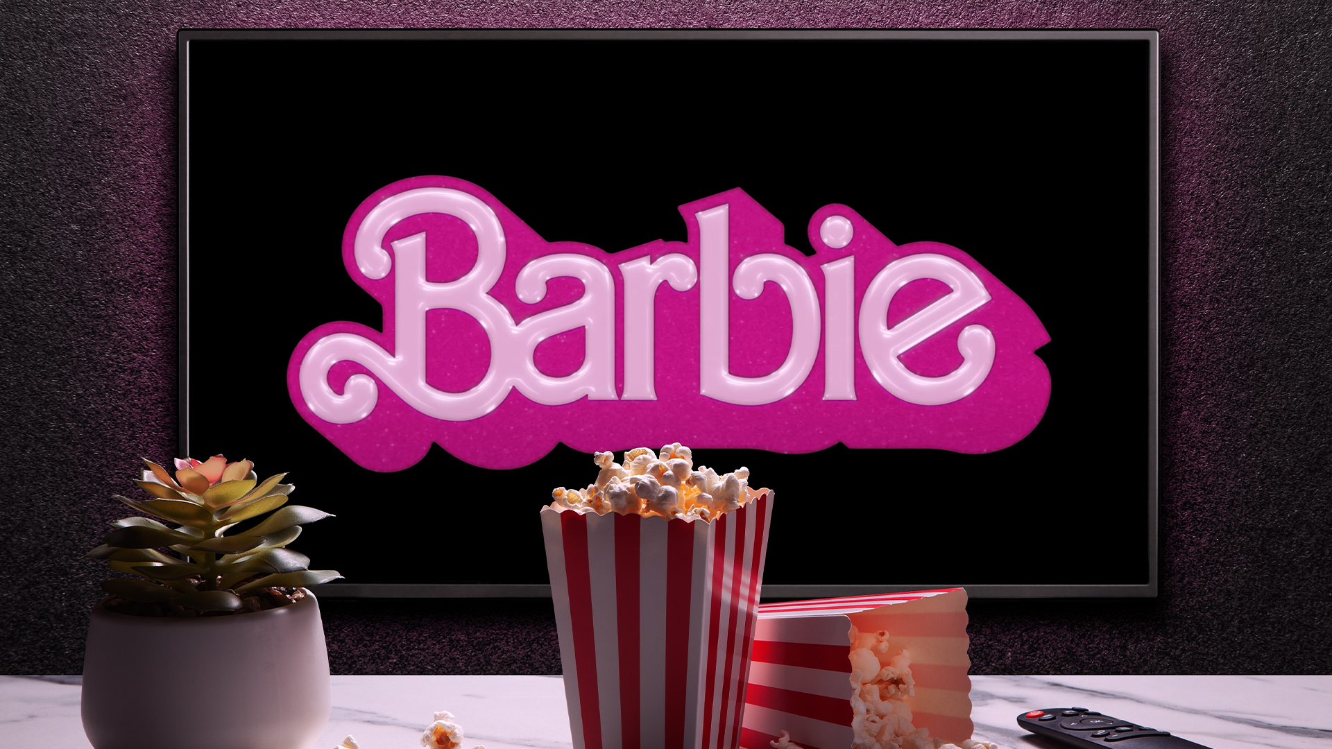 A screen showing Barbie and popcorn
