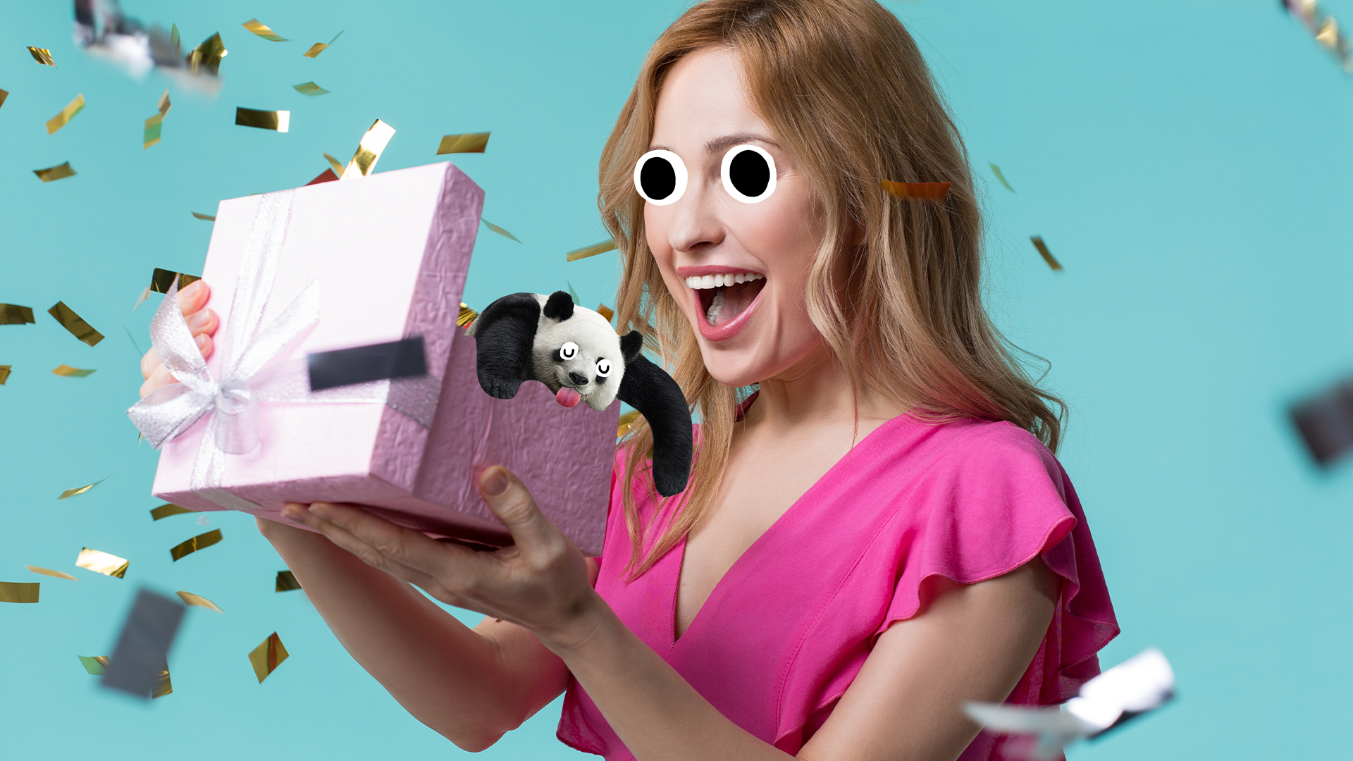Woman opening exploding gift with derpy panda in it