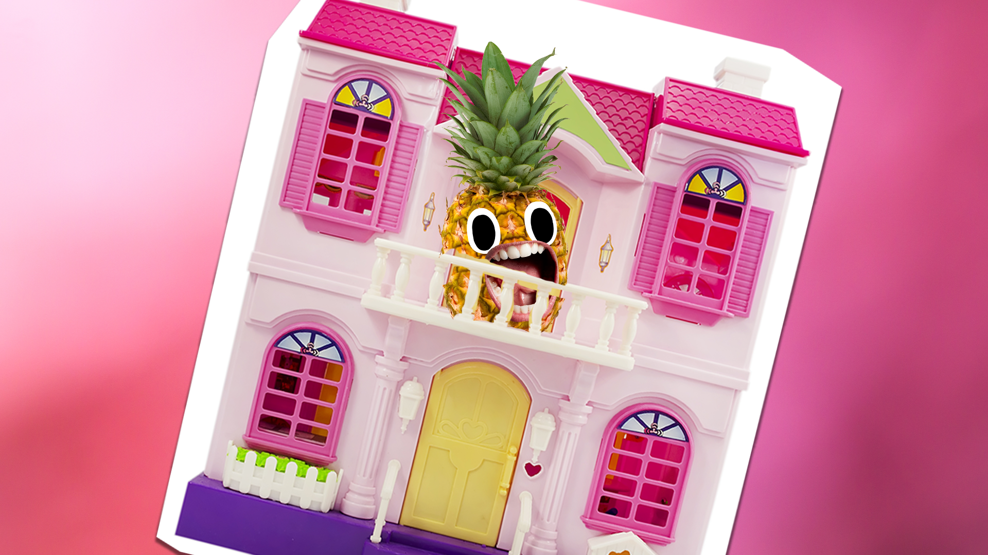 Pink dollhouse with pineapple in it
