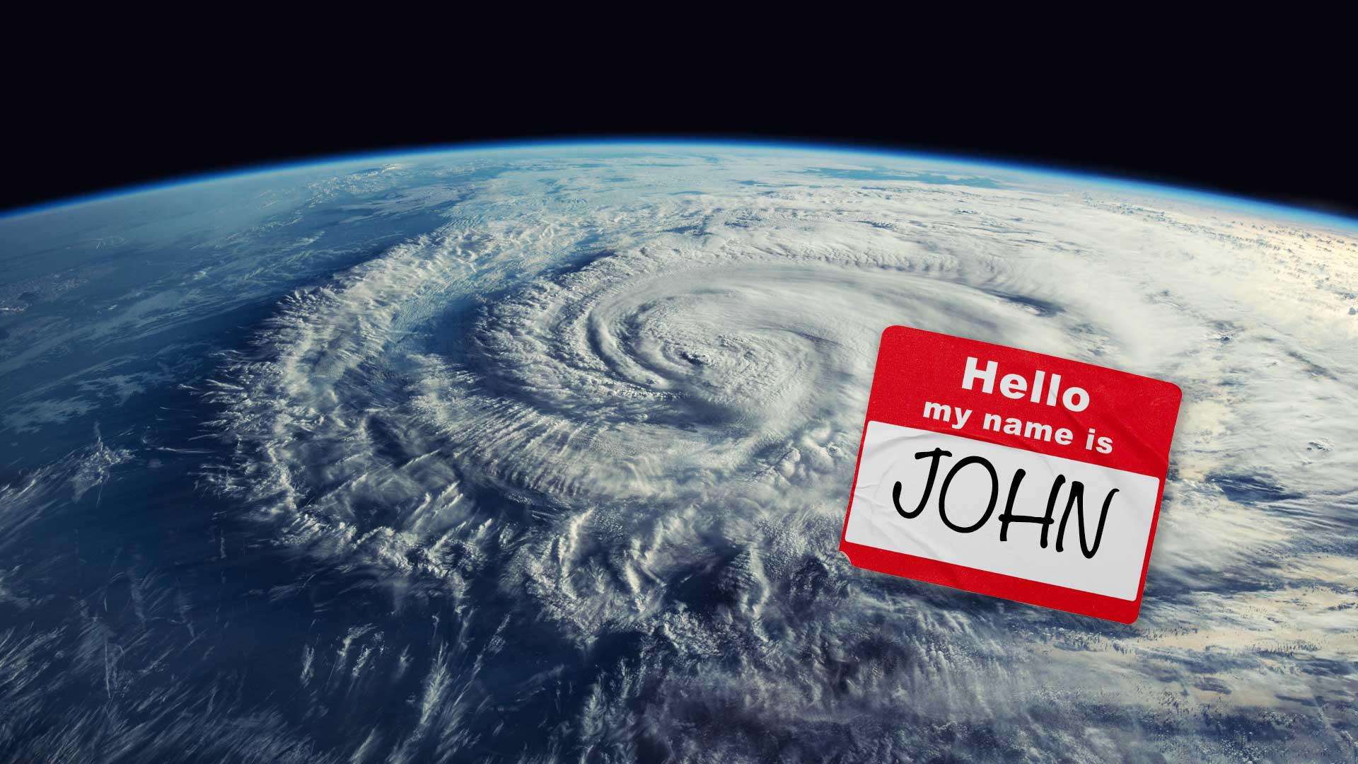 A typhoon with a name sticker reading John