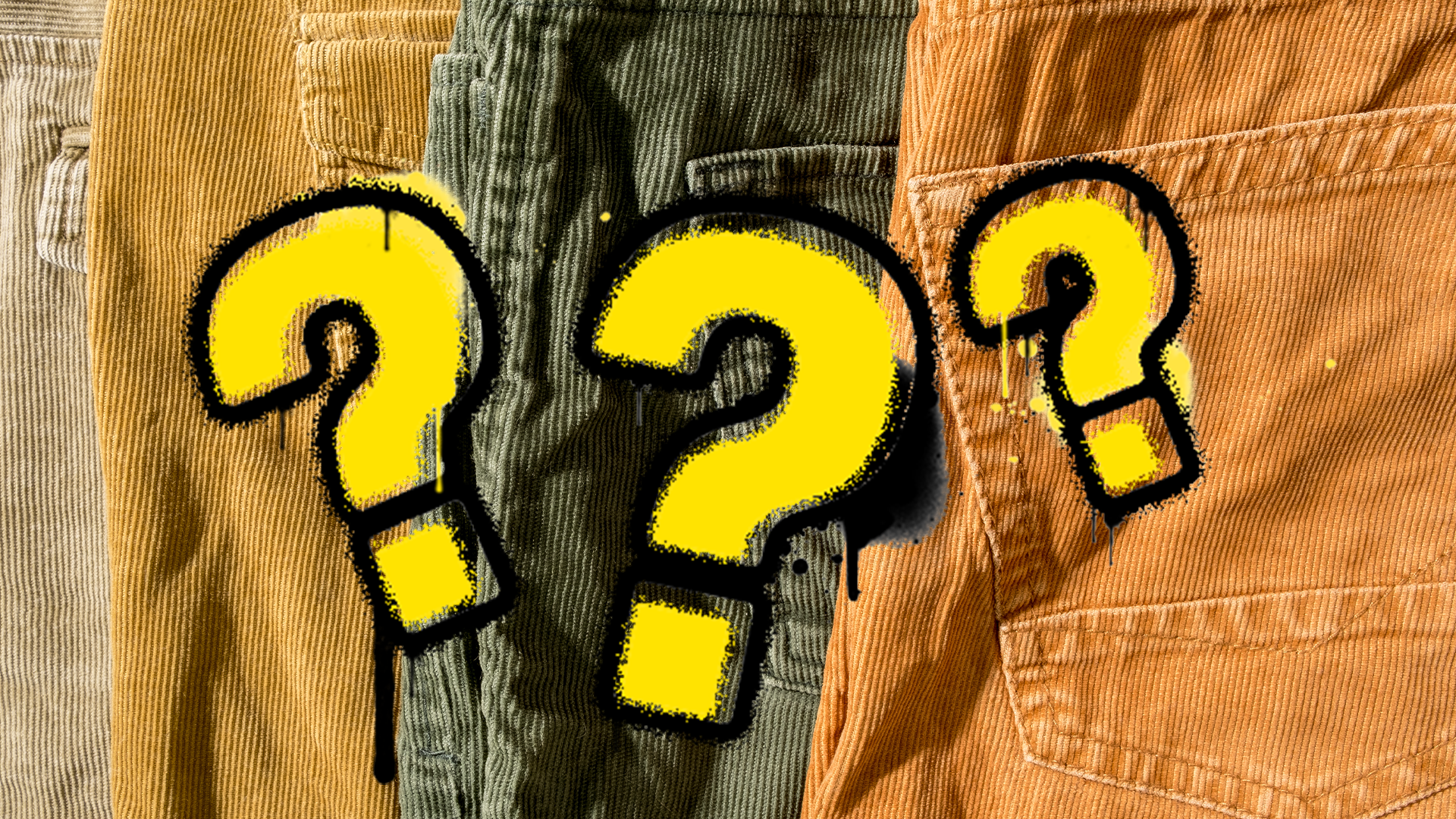 Trousers in dark colours and question marks